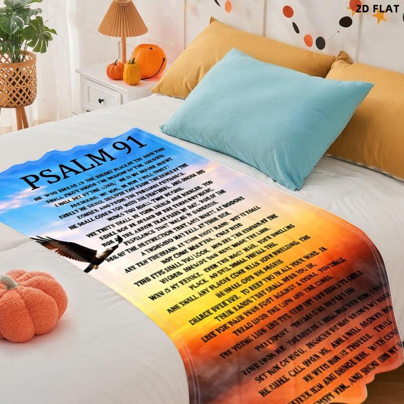 PSALM 91 Eagle Printed Throw Blanket, Single - sided Printing, Multiple Specifications Available, Serene Religious Design, Ideal for Napping/Decor, Soft Comfortable Material, Spiritual Uplifting Theme