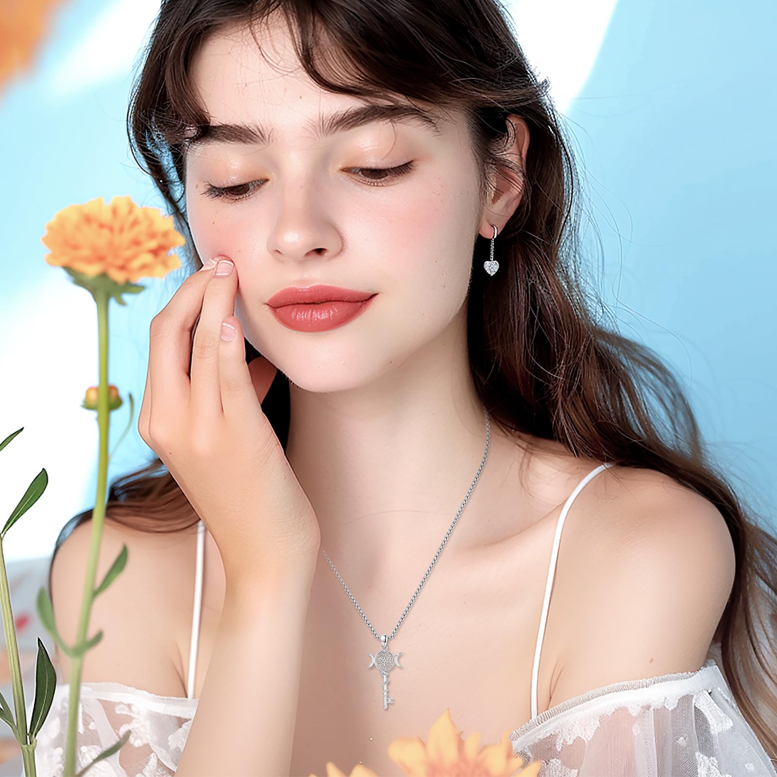 Thanches Hecate Necklace 925 Sterling Silver Triple Moon Goddess Pendant Wiccan Pagan Magic Amulet Jewelry Protection Witchcraft Tetragrammaton Witches Medal Perfect Gift for Women Men