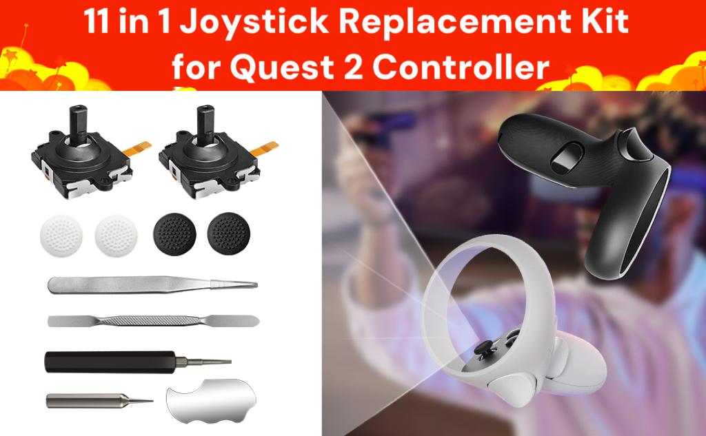 Joystick Replacement Kit for Oculus Quest 2/3 Controller, Repair Kit for Meta Quest 2/3 Controller, Include 2 Joysticks, T5 Screwdriver, Tweezer, Pry Tool, 4 Thumbstick Grips (Black-11-in one)