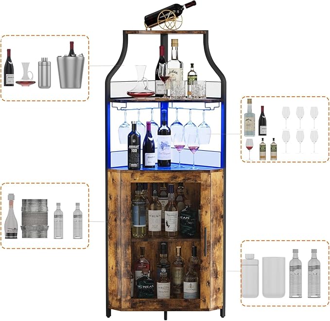 Corner Bar Cabinet with LED Lights, Wine Bar Cabinet with Adjustable Shelf and Glass Holder 5-Tiers Storage Space Corner Liquor Cabinet Industrial Liquor Cabinet for Small Space Corner Bar Cabinet with LED Lights, Wine Bar Cabinet with Adjustable Shelf and Glass Holder 5-Tiers Storage Space Corner Liquor Cabinet Industrial Liquor Cabinet for Small Space