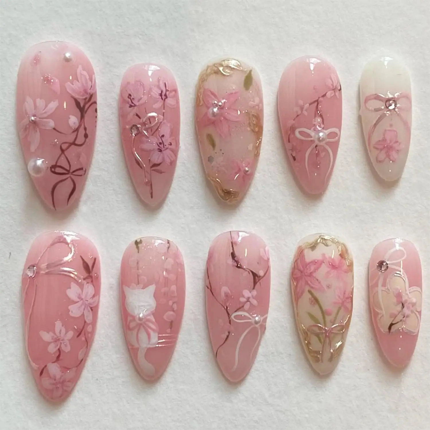 30 count  Flower Cute  Almond  Press- False Nails Kit with Rhinestone  Designs, Bow, Summer Floral  Decoration