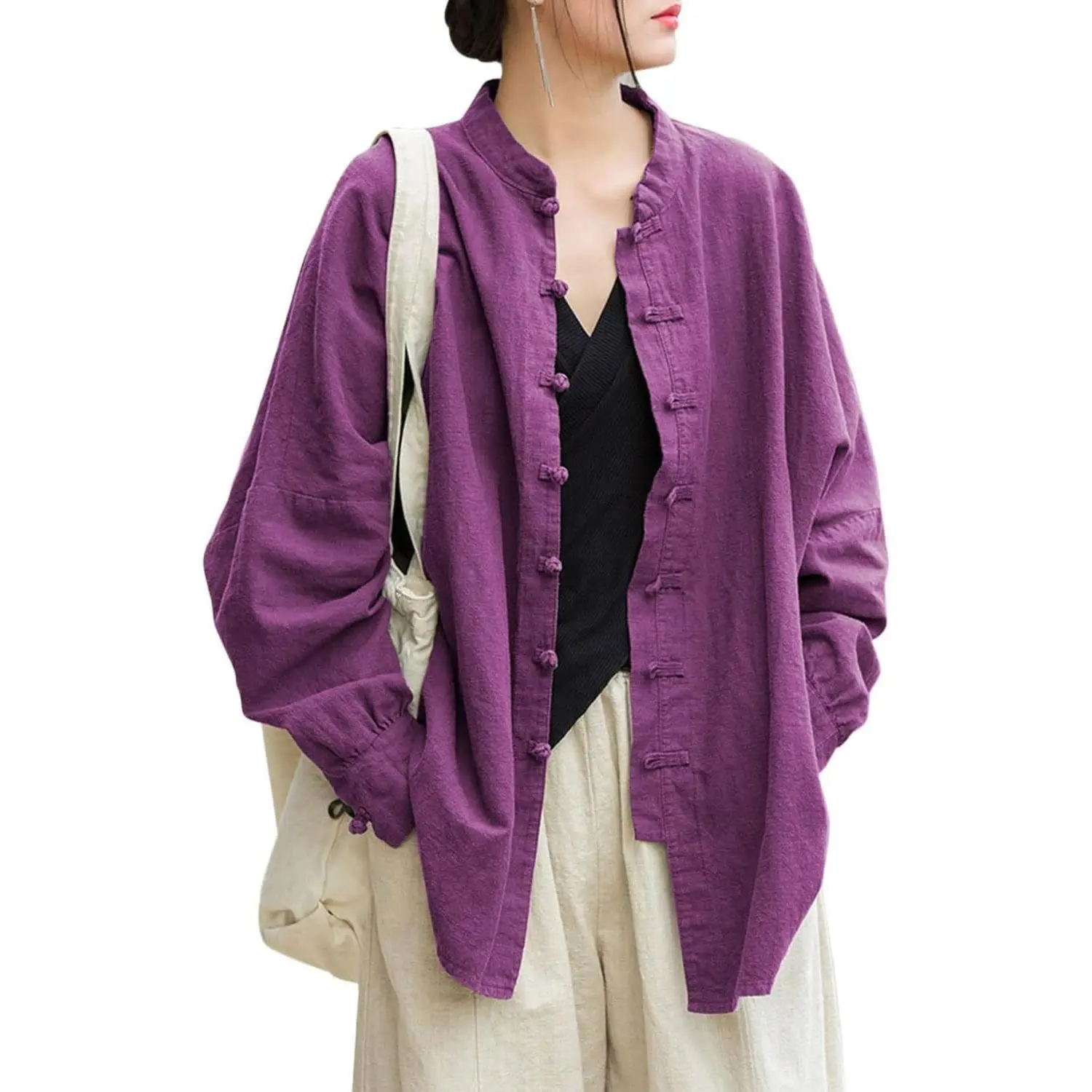 Women's Cotton-Linen Frog Button Mandarin Collar Top - Chinese Martial Arts Kung Fu Tai Chi Tunic Clothes, Casual Vintage Everyday Skinny-Fit Womenswear