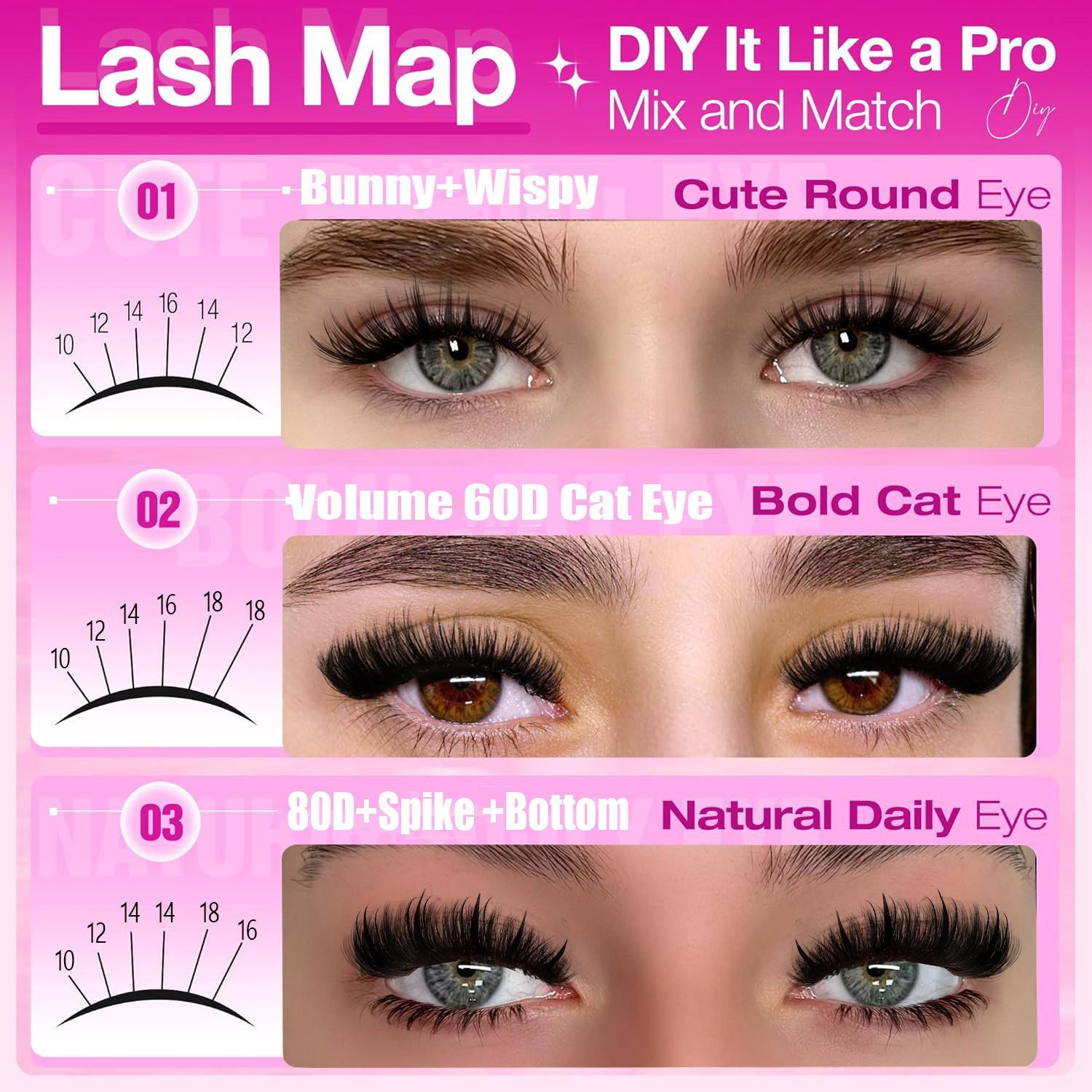 YIDUO 1110pcs DIY Lash Extension Kit, Complete Eyelash Clusters Set with Bond & Seal, Remover, Tweezers & Eyelash Brush, 10-18mm D Curl Manga, Cat Eye and Wispy Volume Lashes (50D, 60D, 80D, 100D) for Home Salon, Includes Lash Tools