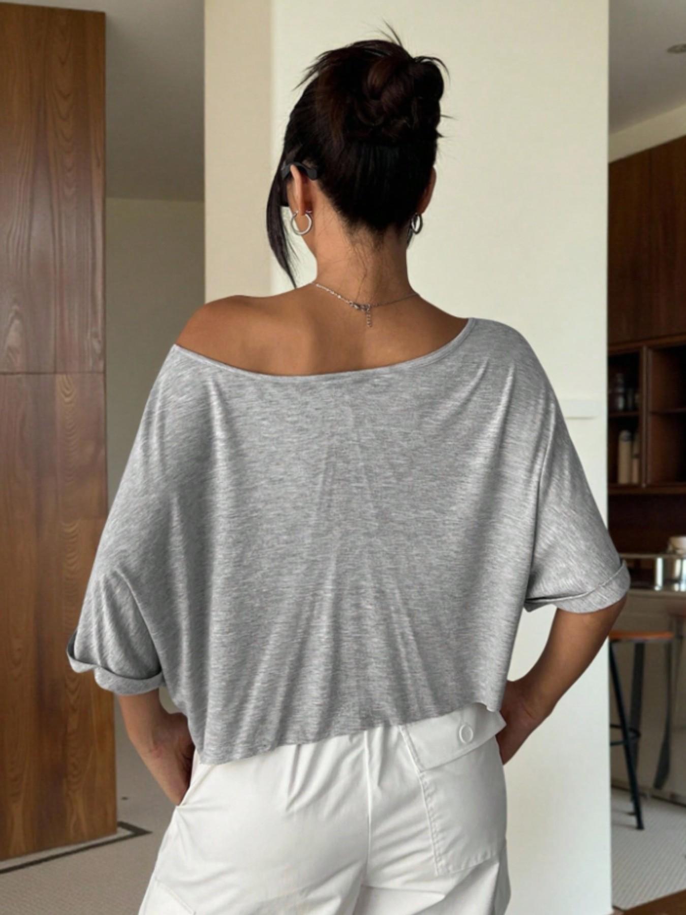 Women's Asymmetrical Shoulder One-Shoulder Short T-Shirt, Loose Fit, Casual, Sexy Off-The-Shoulder, High Waist, Crop Top, Short Sleeve Top