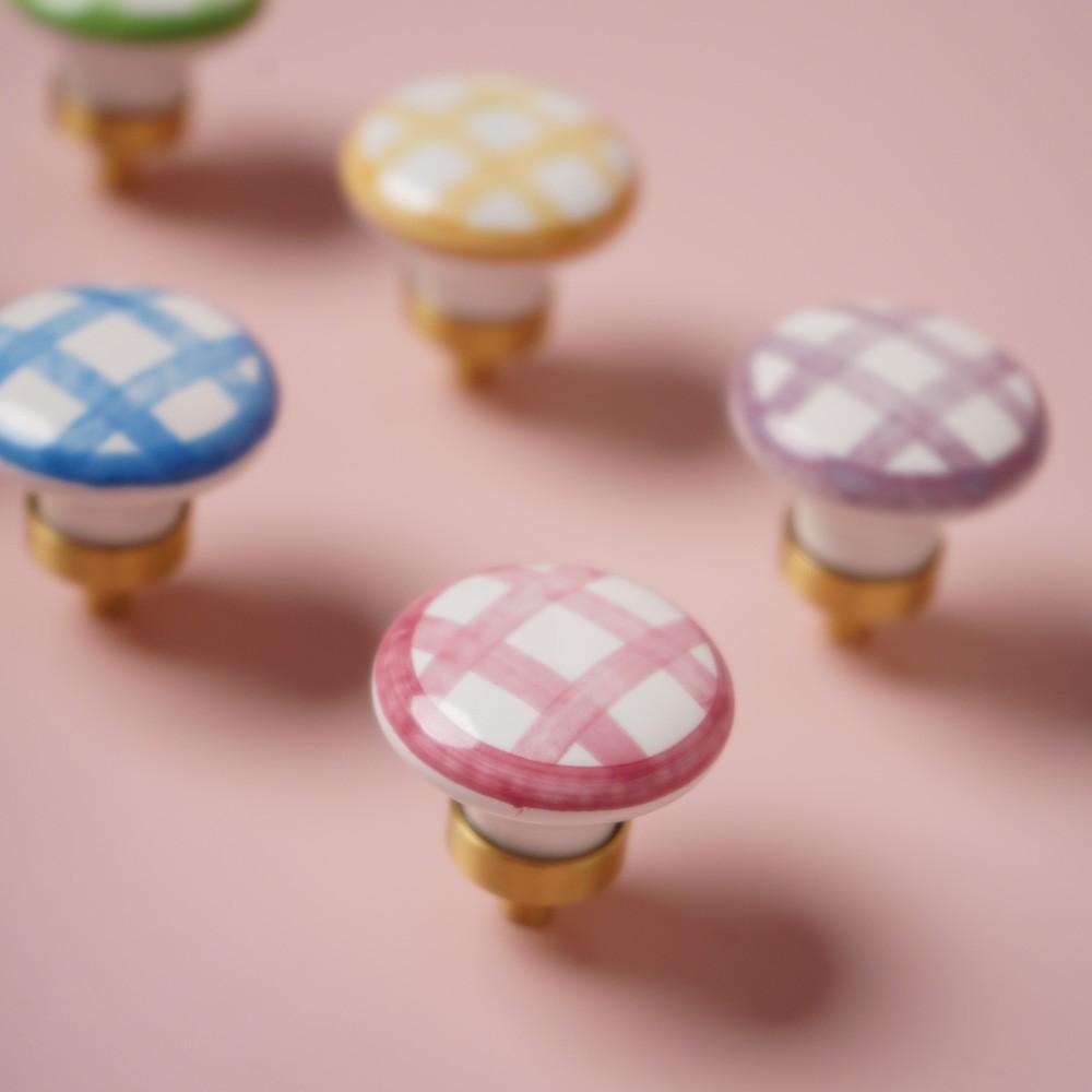 2 Pcs Brass & Ceramic Hand-Painted Grid Pull Handles, Vintage Style Knobs for Wardrobe/cabinet/drawer/Doorknob, 5 Colors, Anti-Oxidation Screws Included