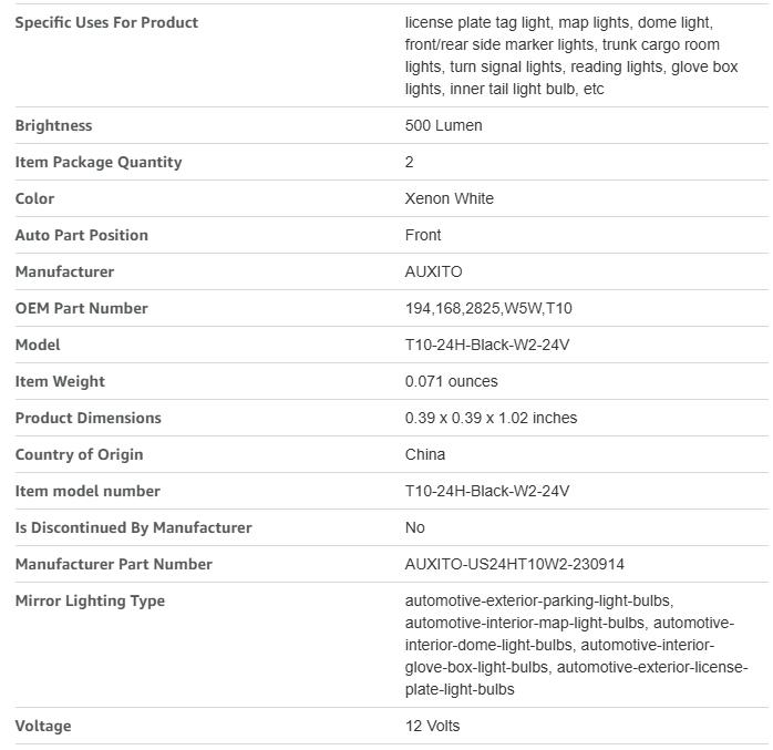AUXITO 194 LED Bulbs for License Plate Light 168 175 2825 W5W T10 24-SMD 3014 Chipsets 6000K White for Car Dome Door Map Dash Courtesy Cargo License Plate Lights, Pack of 2