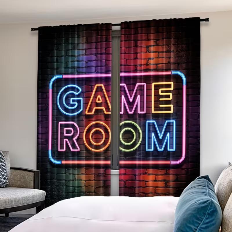 Modern Polyester Game Room Curtains, Semi-Transparent Rod Pocket Curtains, Roller Print Brick Wall Design, All Season Decor