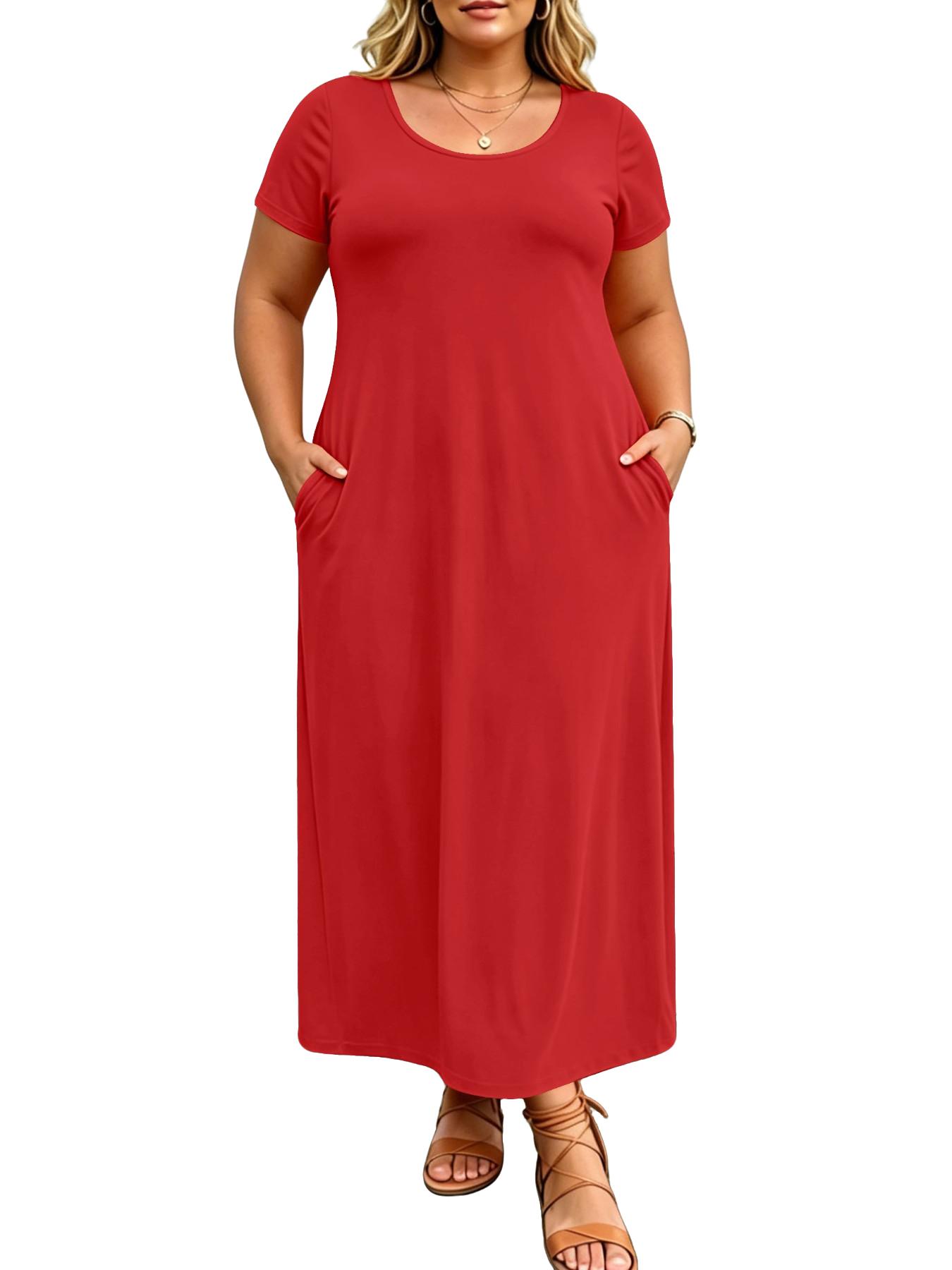 Plus Size Solid Color Loose Maxi Dress, Short Sleeve, Round Neck, Side Pockets, Curvy Daily Wear, Tummy Hiding