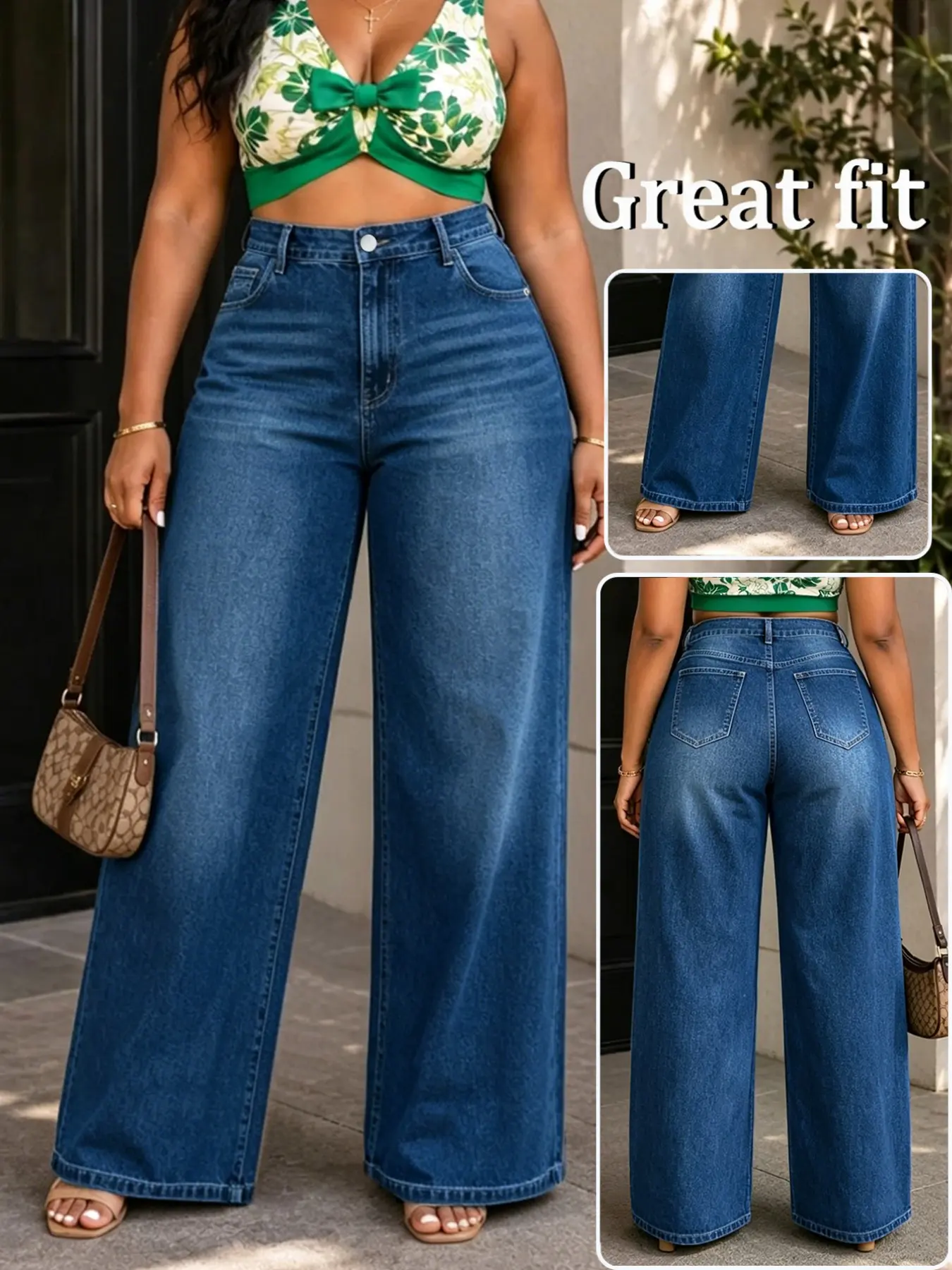 Deep Blue Washed High-Waisted Wide-Leg Jeans, Plus Size Slimming Loose Fit Long Pants, Multiple Colors Available, Fall & Winter Casual Wear