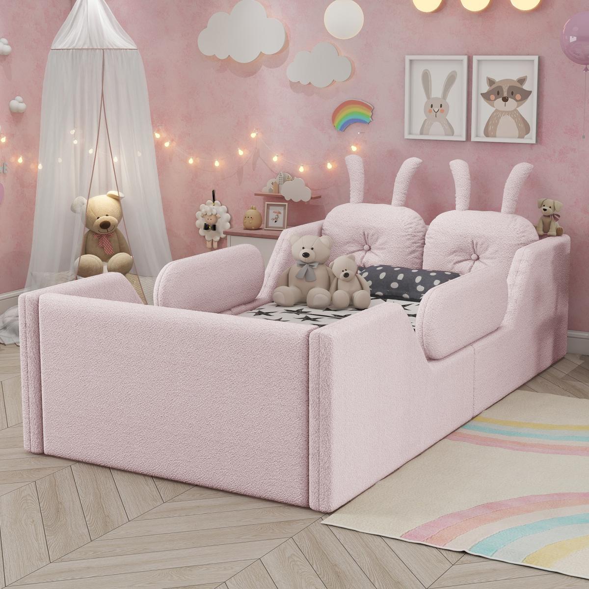 Twin Size Upholstered Floor Bed with 21-Inch Guardrails, Detachable Side Rails & Rabbit-Shaped Cushions, Teddy Fabric Foam Padding, No Box Spring Needed, Fits 8-Inch Mattress Twin Size Upholstered Floor Bed with 21-Inch Guardrails, Detachable Side Rails & Rabbit-Shaped Cushions, Teddy Fabric Foam Padding, No Box Spring Needed, Fits 8-Inch Mattress