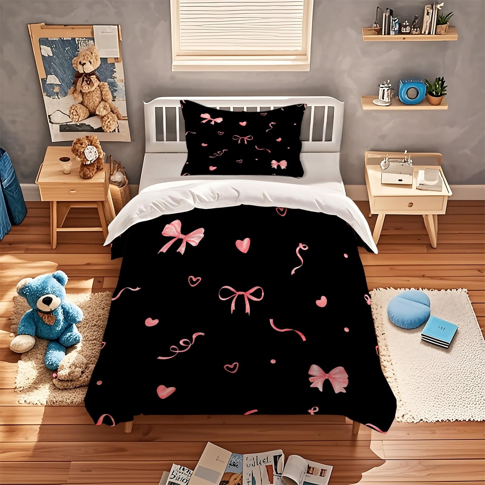 2/3 Pcs Coquette Pink Bow Print Duvet Cover Set, Cute Y2K Aesthetic Bedding Set, Vibrant Digital Print, Soft Microfiber with Zipper Closure, Ideal for Bedroom, Dorm, Girly Room Decor All Year Round - No Filling