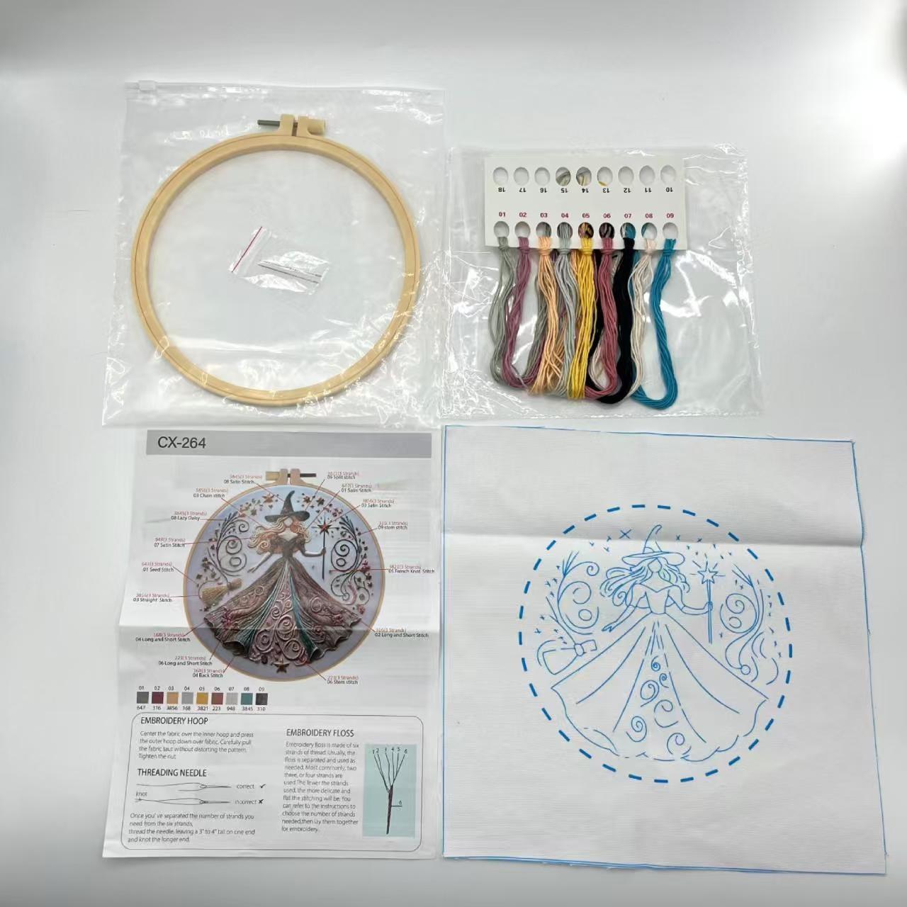 Beginner Embroidery Kit for DIY Lovers, Unique Embroidery Elegant Cross Stitch Set with Witch Design, Includes Cotton Fabric, Threads and Needles, 20cm Bamboo Style Frame, Handicraft