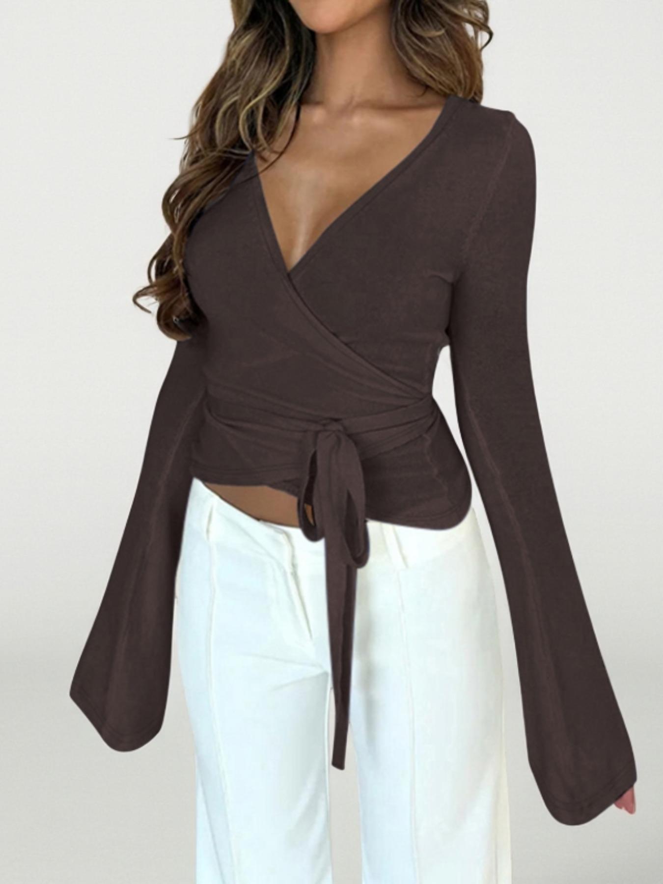 Women's Plain V-Neck Wrap Tee, Elegant Casual Long Sleeve T-shirt for Daily Outdoor Wear, Women's Clothing for Fall & Winter