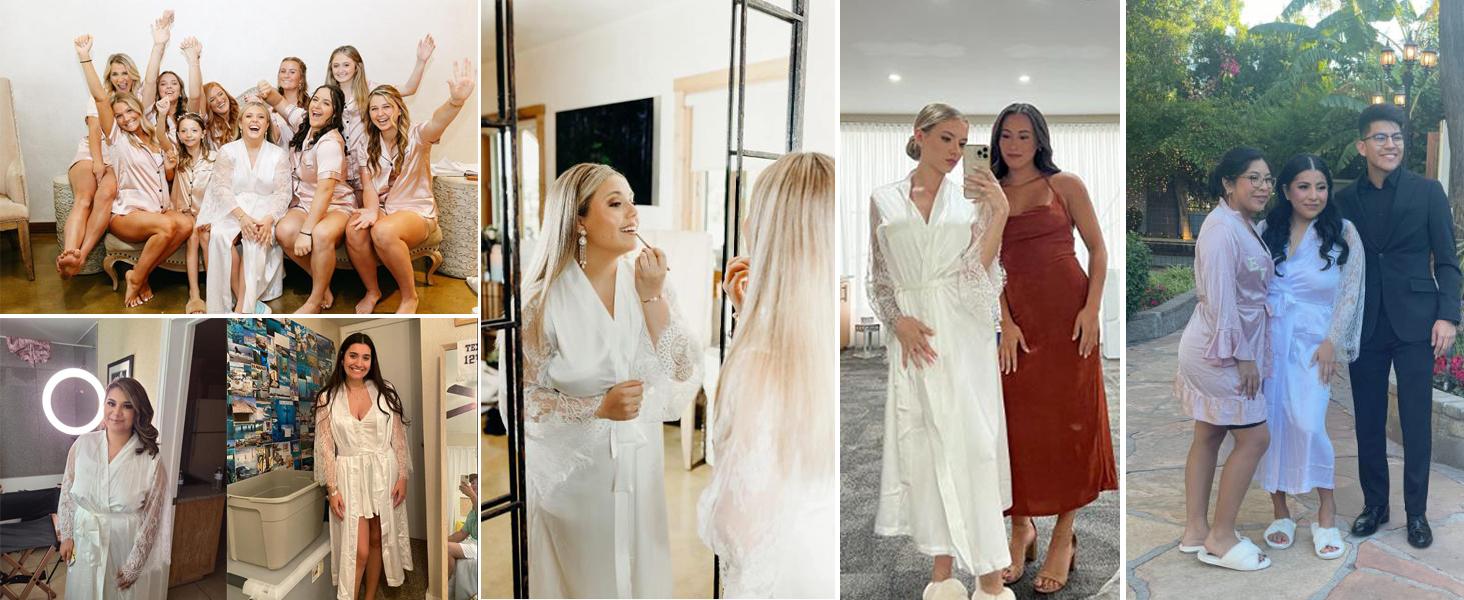 Avidlove Women's Floral Lace Kimono Robe Long Sleeves Dressing Gown Bathrobe Bride Robe Nightwear Satin Womenswear