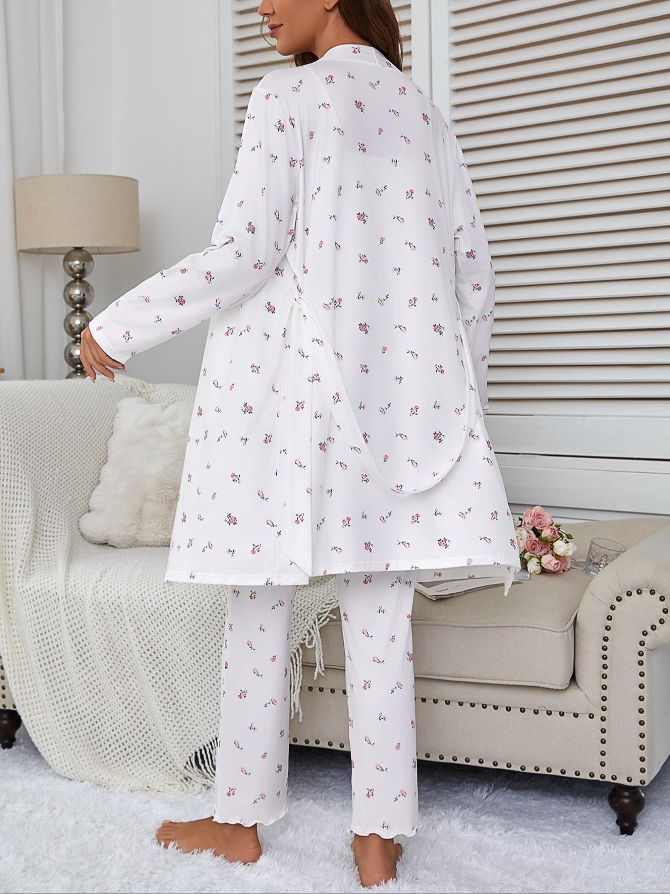 Women's Floral Print Robe Set with Spaghetti Strap Pants, Comfortable Casual Home Wear, All-Season Fitted Sleepwear Collection, Loungewear