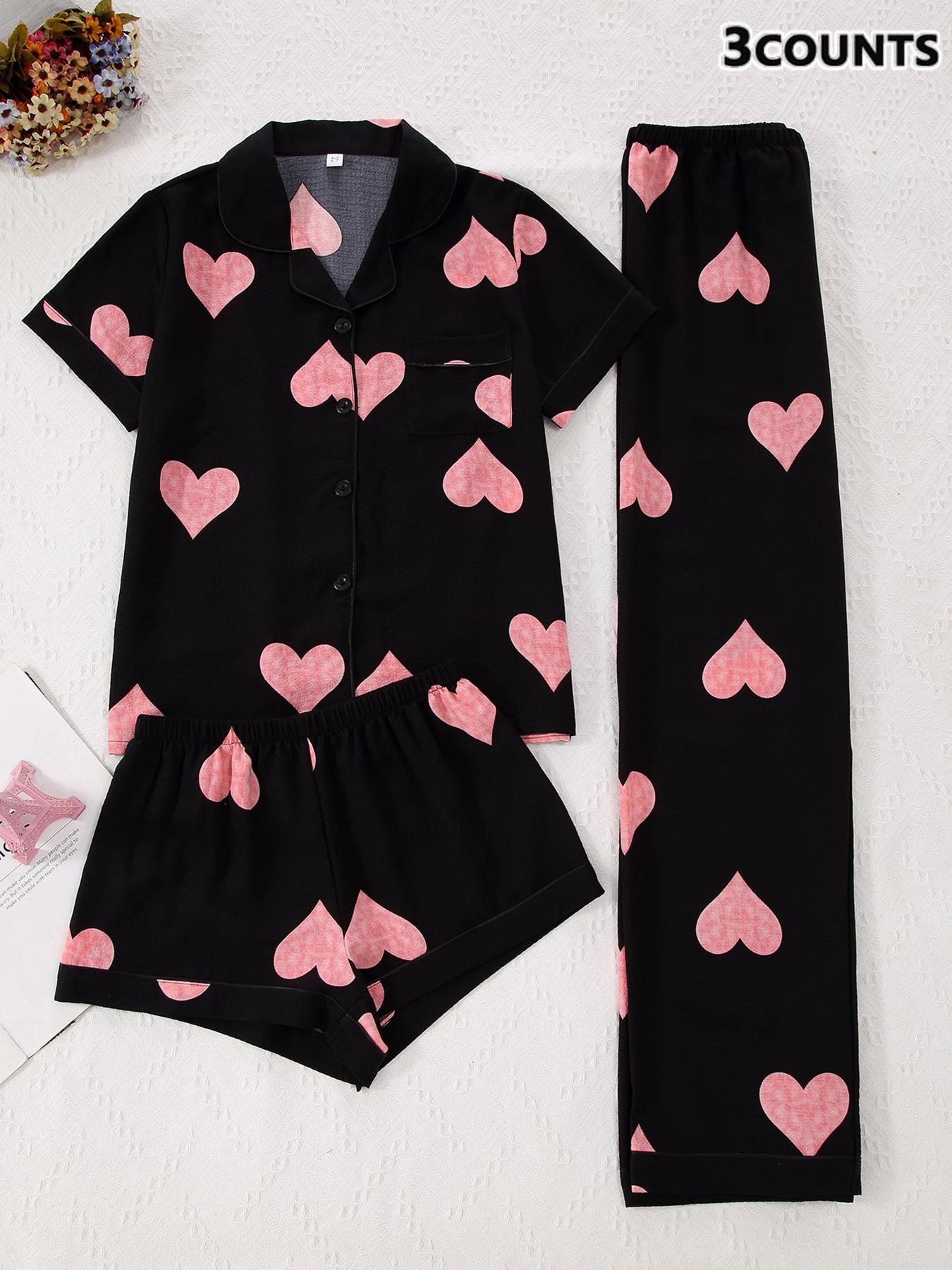 Women's 3-Piece Pajama Set, Cherry Print Button Front Top & Shorts Pants, Comfortable Sleepwear for Ladies, Casual Nightwear