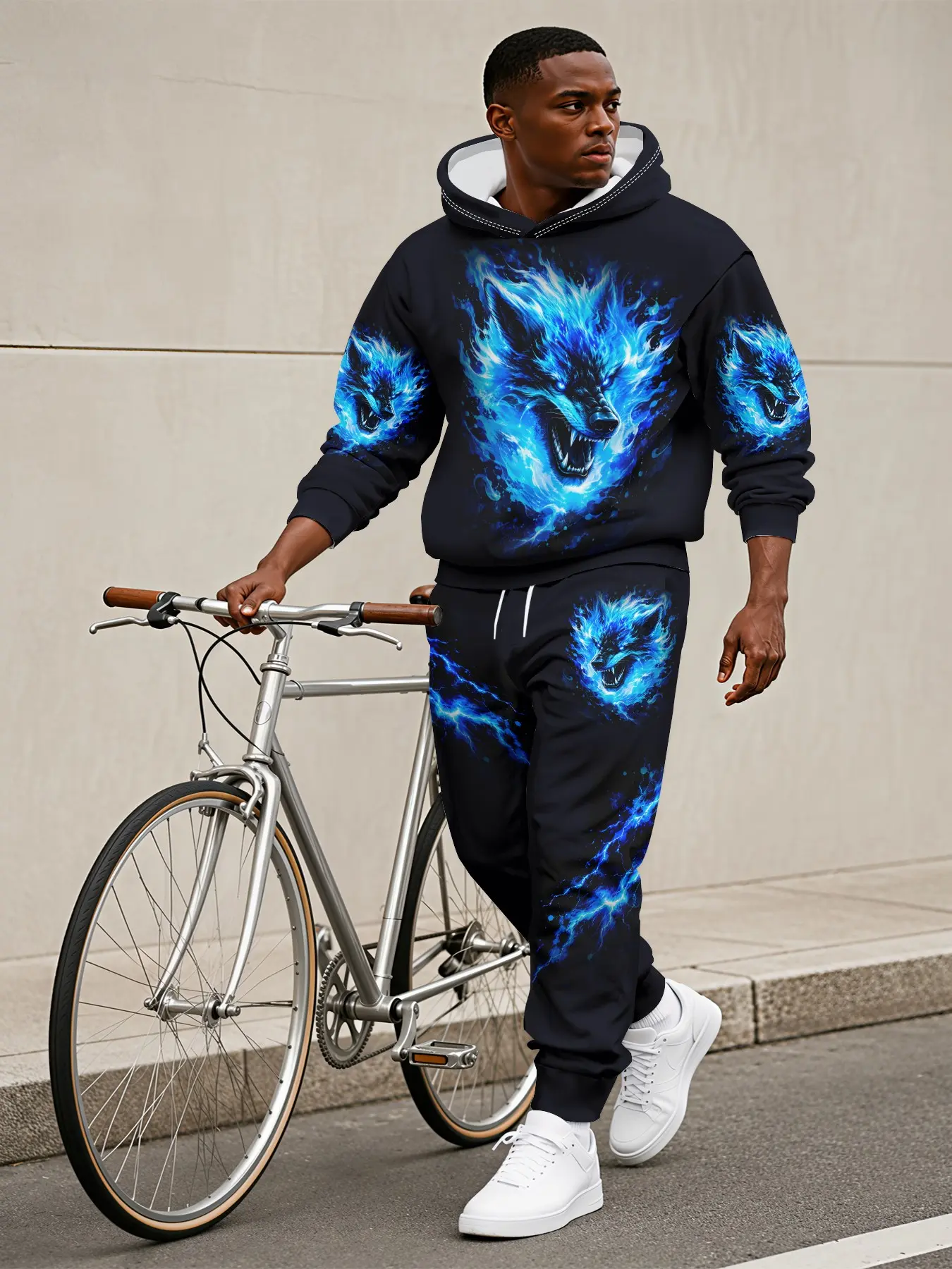 Blue Flame Wolf King Digital Print Men's Long Sleeve Hoodie + Drawstring Casual Trousers Two-piece Set. Flat digital print with no concave-convex texture, versatile lazy daily casual outfit.