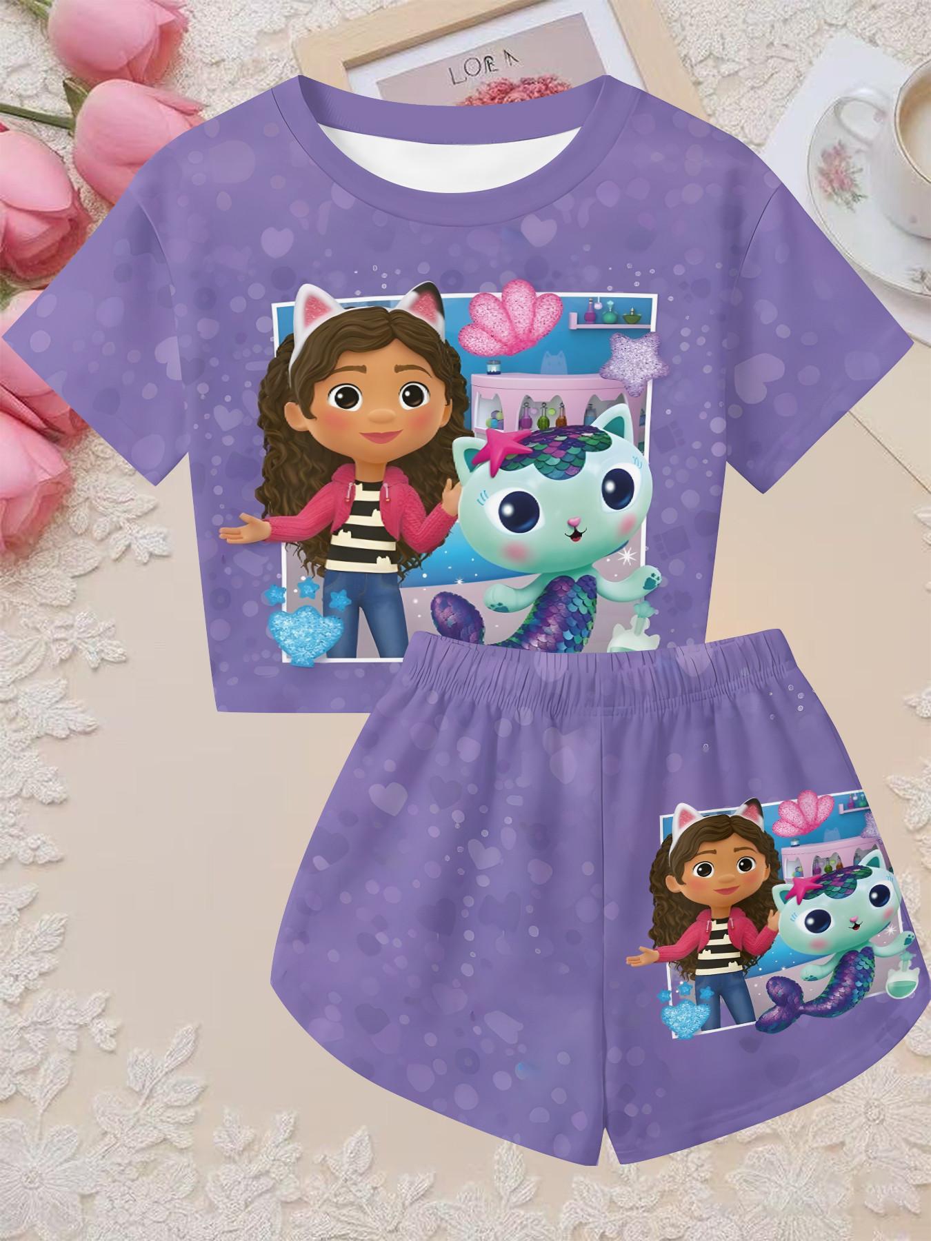 Girls' 3D Set, Polka Dot Barbie Doll Mermaid Cat Print, Outdoor Wear, Gift Idea, Cute and Trendy Fashion for Kids