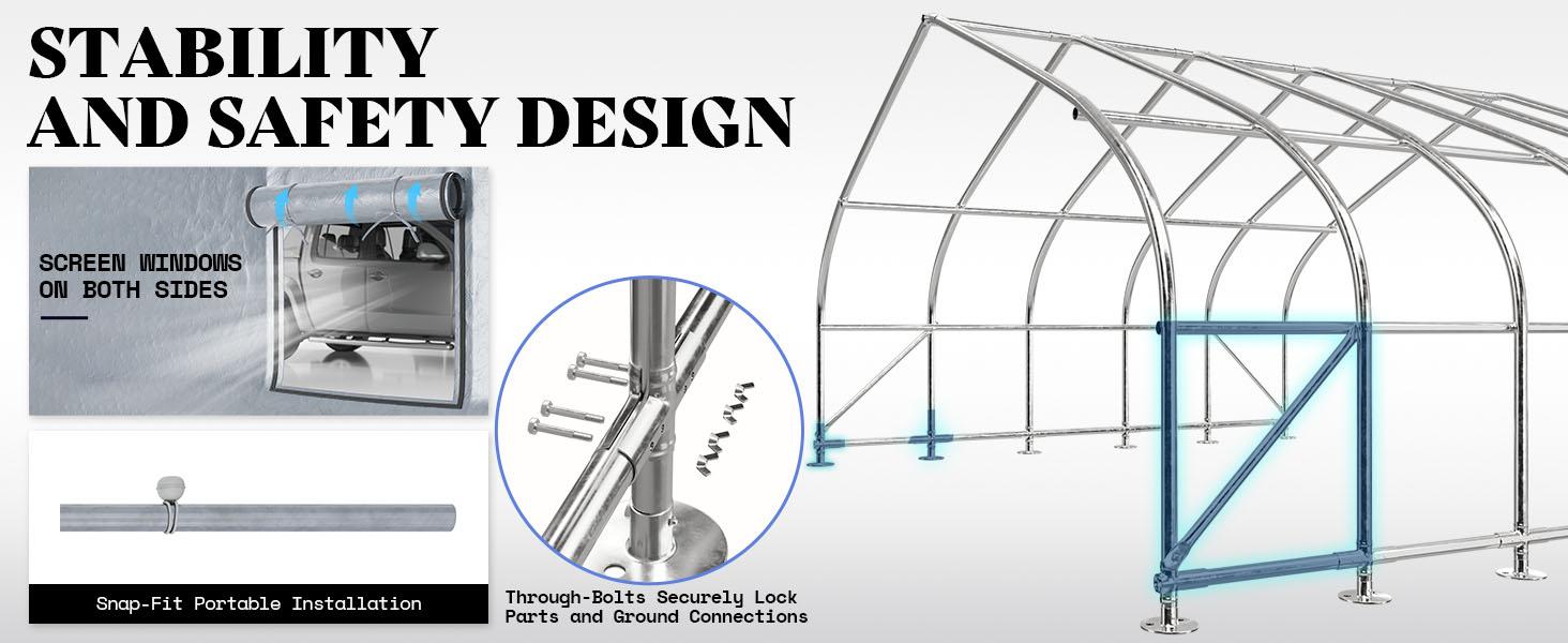 VanAcc 22.5 x 20 FT Heavy Duty Anti-Snow Carport with Spacious Galvanized Frame, Roll-Up Doors & Mesh Windows, Outdoor Canopy with Reinforced Ground Bars, for 2 Cars Side by Side, Silver Gray