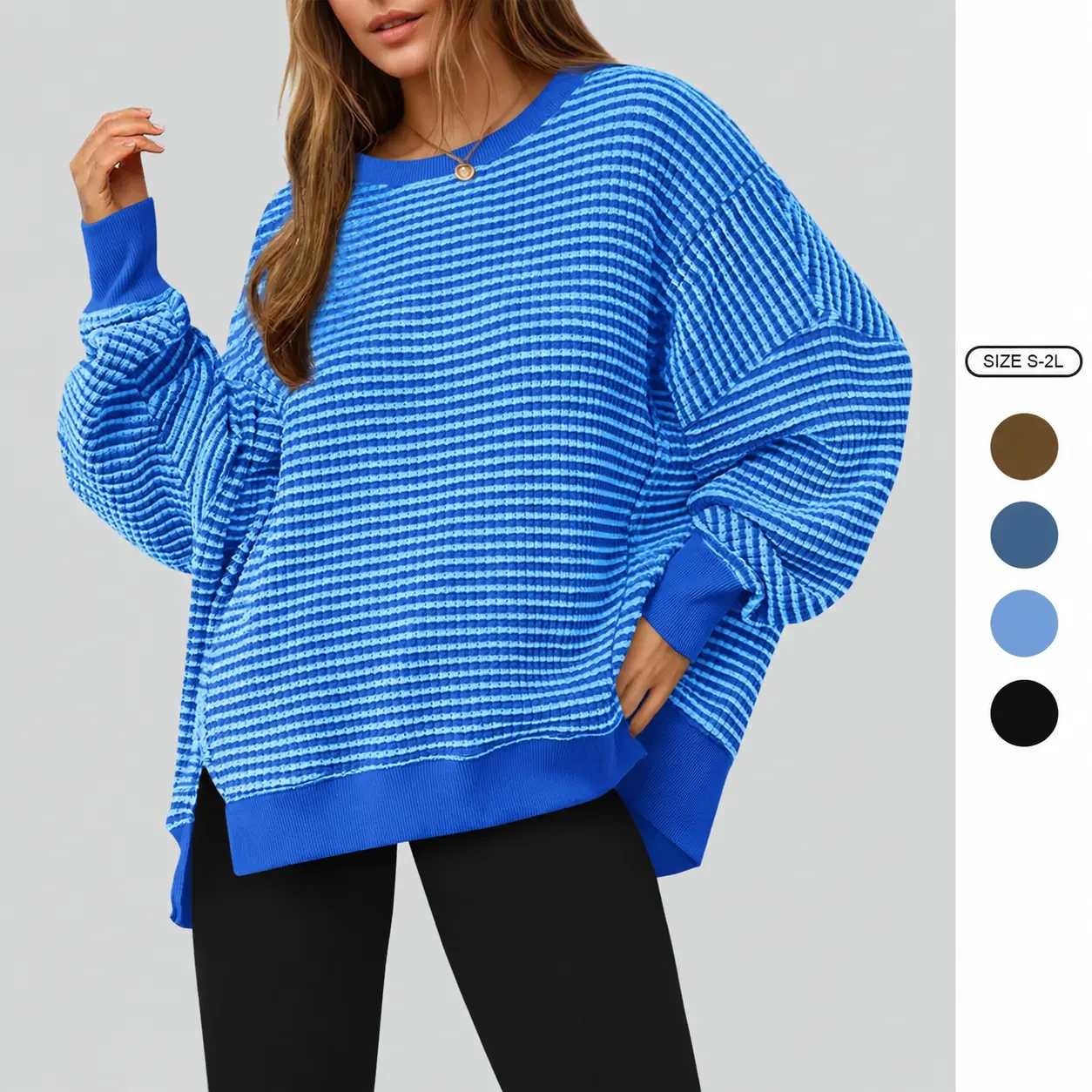 Women's Waffle Knit Striped Sweater Long Sleeve Crewneck Side Slit Oversized Pullover Top Casual Loose Fit Fall Oversized Sweatshirt