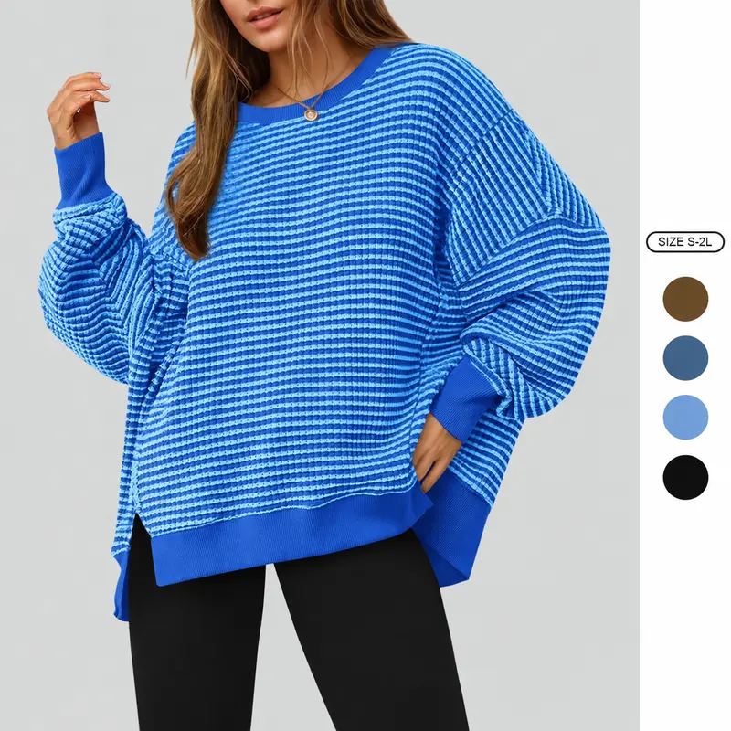 Women's Waffle Knit Striped Sweater Long Sleeve Crewneck Side Slit Oversized Pullover Top Casual Loose Fit Fall Oversized Sweatshirt