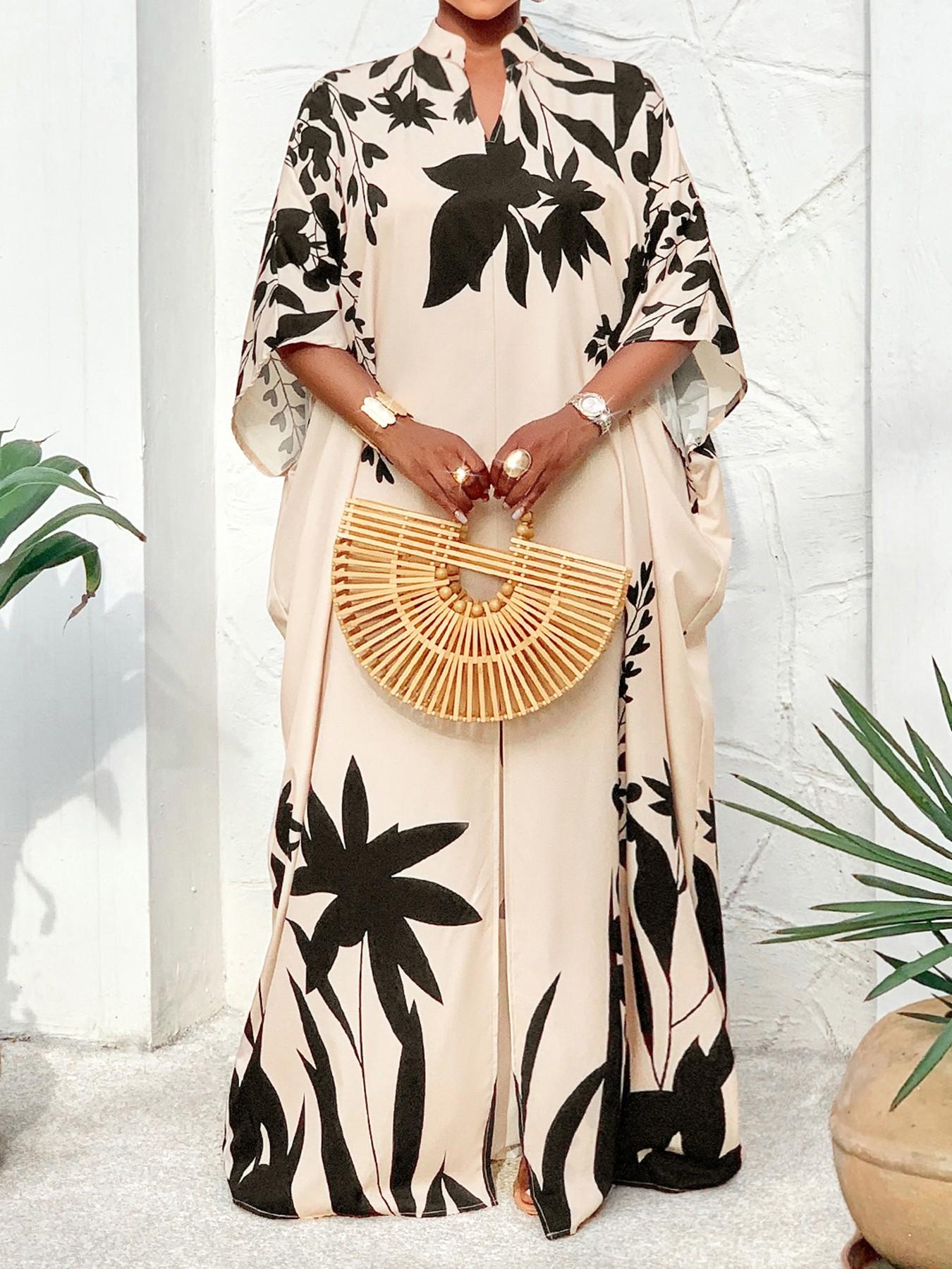 Women's Elegant Long Sleeve V-Neck Batwing Sleeves Split Design Casual Dress, All Season Plus Size Fit Fashion Commuter Wear