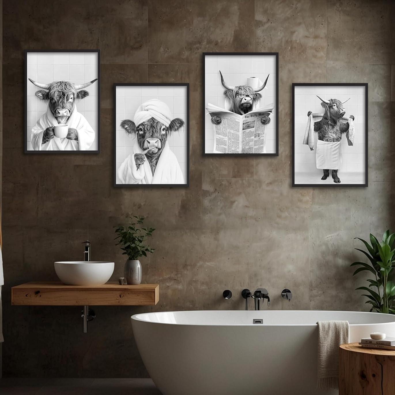 4pcs/set Frameless Funny Bathroom Humorous Animal Painting Calligraphy HD Canvas Poster living room bedroom bar aesthetic decoration