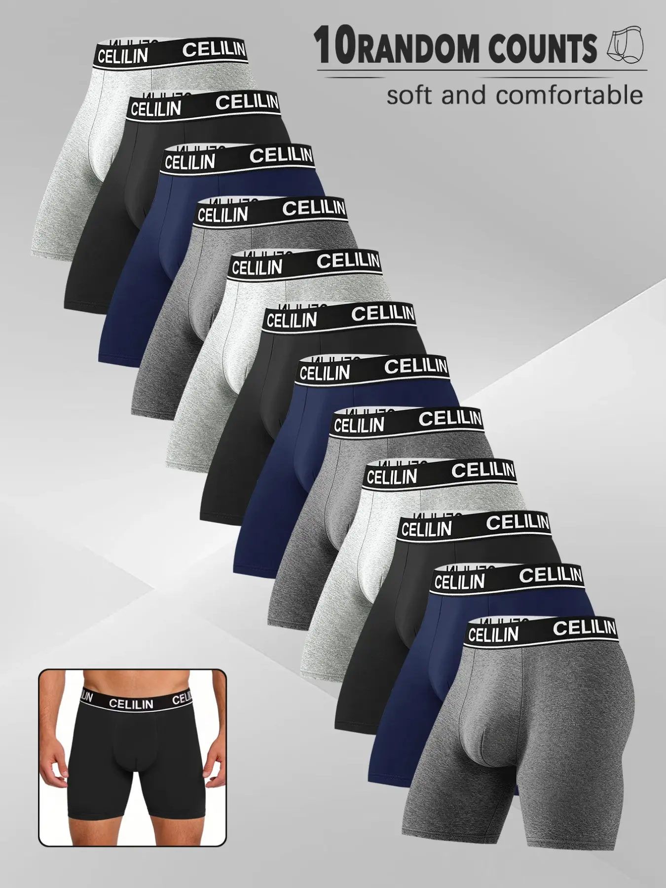 10 pcs random solid color men's Long style boxer briefs, Soft - comfortable and elastic fabric, Suitable for daily fitness exercise outdoor sports running, Skin friendly and smooth men's underwear, home casual wear, suitable for all seasons.