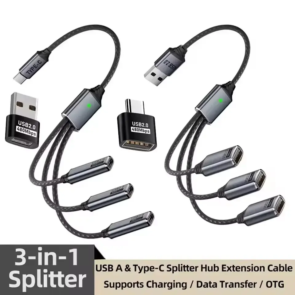 3-in-1 Nylon Sheath USB Type-C Splitter Cable, USB 2.0 Hub OTG Converter - 3A Fast Charging & Data Transfer for Mobile Cellphone Electronic Devices, Chargers Type C Compatible Laptops
