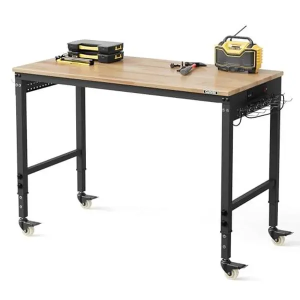 GARVEE 48 x 24 Inch Workbench, 6-Level Adjustable Height, 2000 lb Load Capacity, with Solid Rubberwood Top, ETL Power Outlets, Swivel Casters, Pegboard & Hooks for Garage & Woodworking Shop