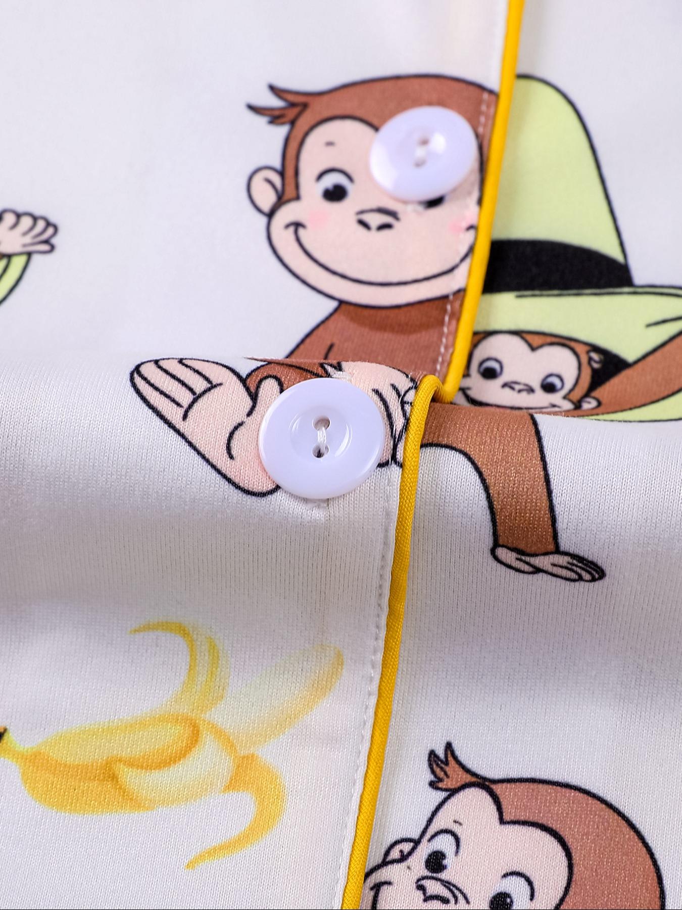 Women's Monkey Banana Print Pajama Set Pjs, Comfortable Long Sleeve Button Shirt & Elastic Pants, Casual Home Wear Loungewear for All Seasons