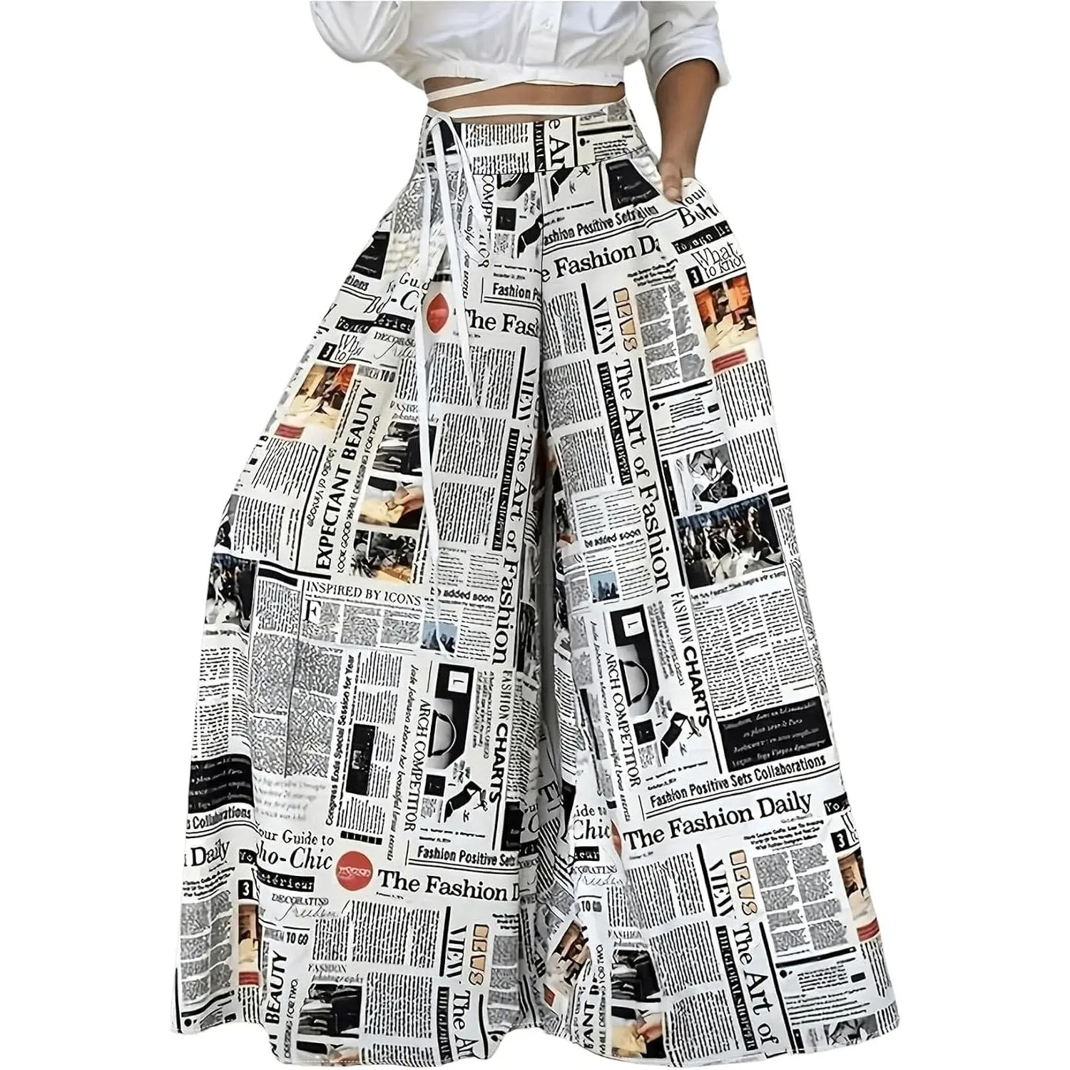 Women's Newspaper & Funky Letter Print High Waist Elastic Waist Baggy Wide Leg Bottoms, Soft Formal Palazzo Pants, Fabric