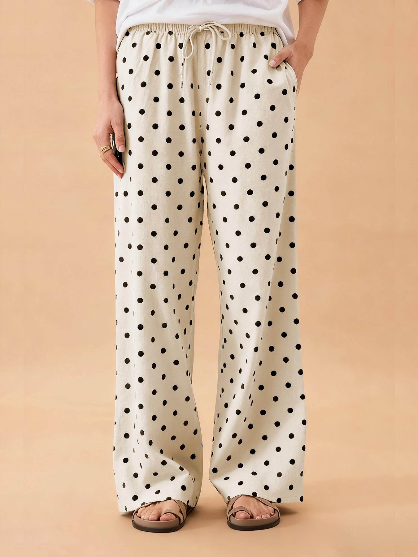 Women's Satin Polka Dot Wide Leg Pants, Casual Lounge Pants, Casual Loose Fit Drawstring Waist, Beach Travel Vacation Straight Leg Pockets, Casual Bohemian Trousers