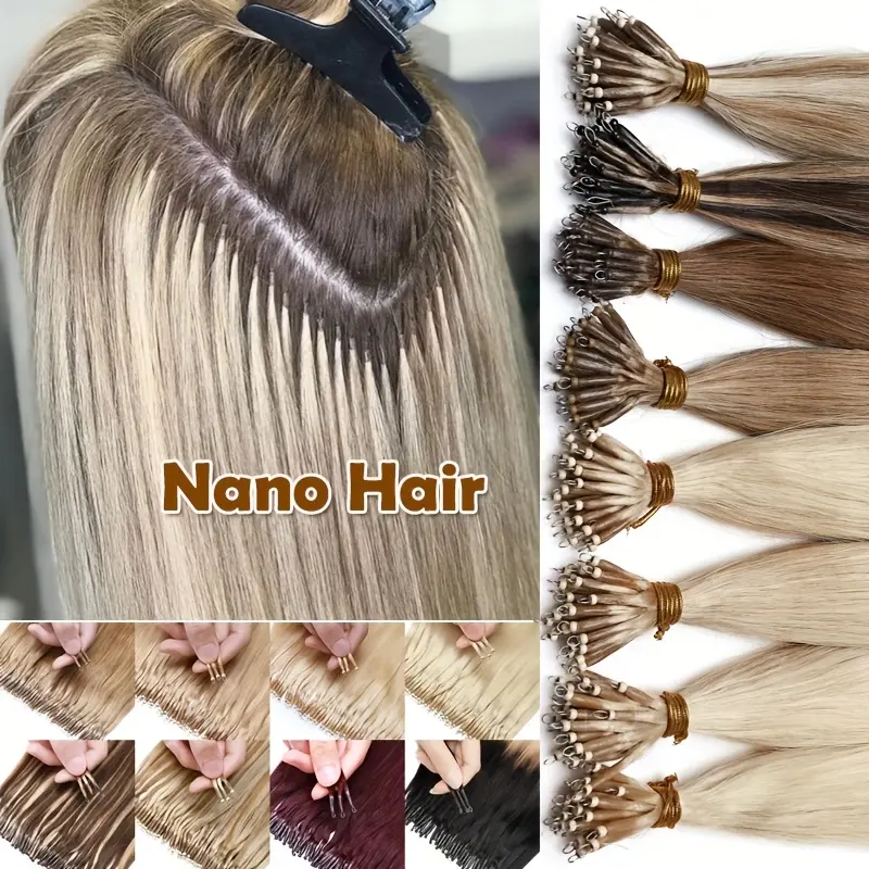 50 Strands 50G Per Pack Nano Ring Bead  Remy Human Hair Extensions for Women, Thick Smooth Full‑Head Long Straight Hair Pieces in Multi Natural Colors, Easy Wear Seamless Hair Additions, Perfect for Trendy College Daily Hairstyle Looks