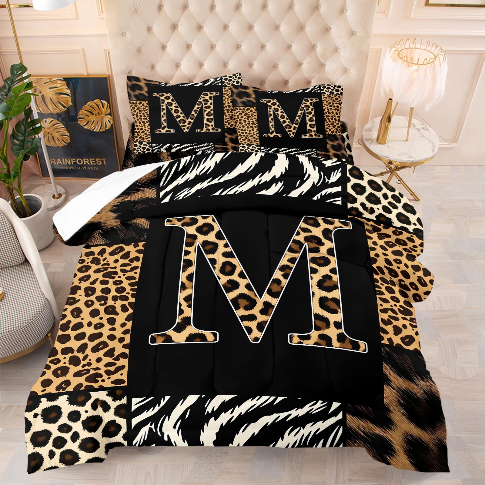 Wild Patchwork First Letter Print Comforter Set & 1-2 Pillowcases No Core, Leopard Print Letters A-Z, Zebra, Hair Texture Collage Pattern, Soft Warm Bedding, Wild Sexy Bedroom Decor, Ideal Gift Choice