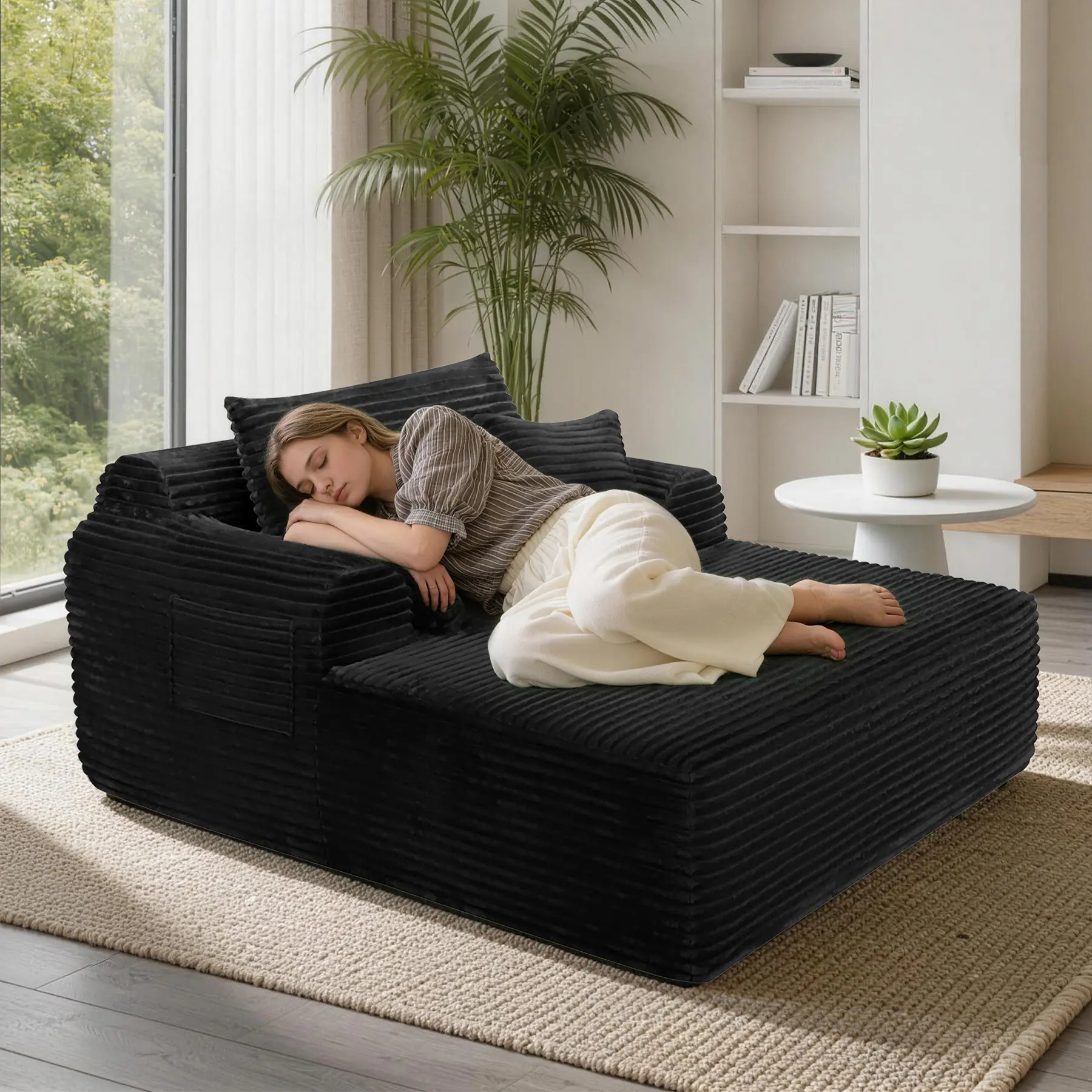 Chaise Lounge Chair Indoor, Boneless Lounge Chair with 3 Pillows, Oversized Chair with Ergonomic Deep Seat, Corduroy Reading Chair for Living Room, Bedroom, No Assembly Required