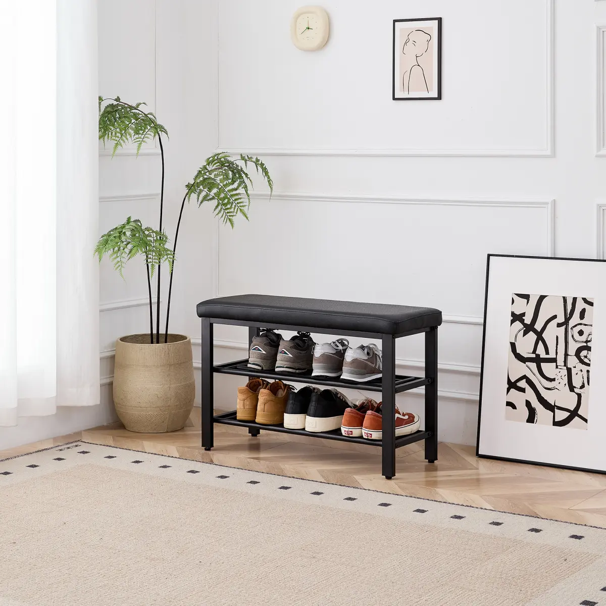 Bellemave 3-Tier Small Entryway Shoe Storage Bench with PU Seat Cushion, Metal Mesh Shelves, 200lb Capacity, Freestanding Indoor Stool & Bench Organizer for Hallway, Quick Assembly