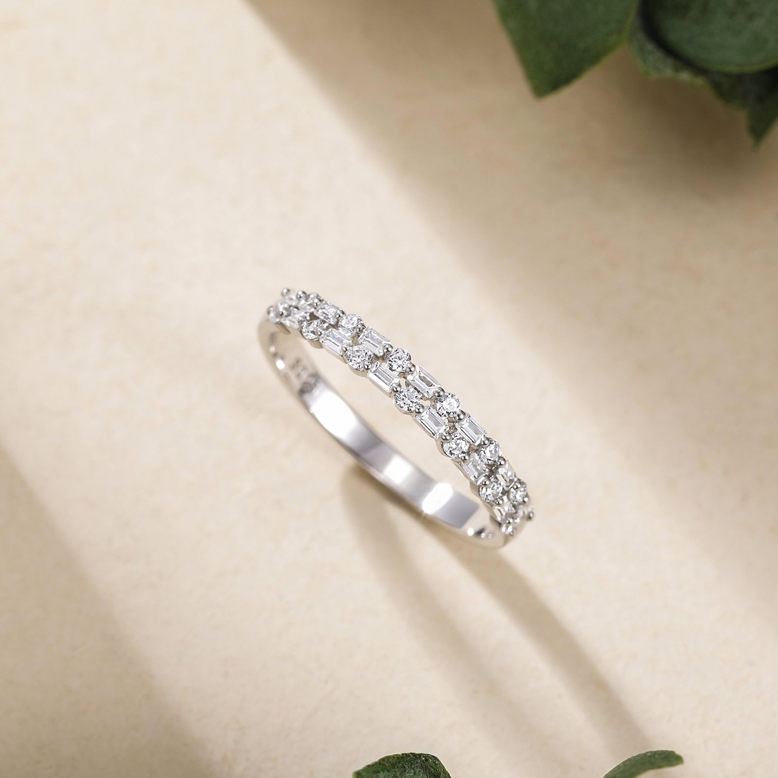 EAMTI 925 Sterling Silver Wedding Bands for Women Baguette Round Cubic Zirconia Two-Row Eternity Band Stackable Engagement Rings