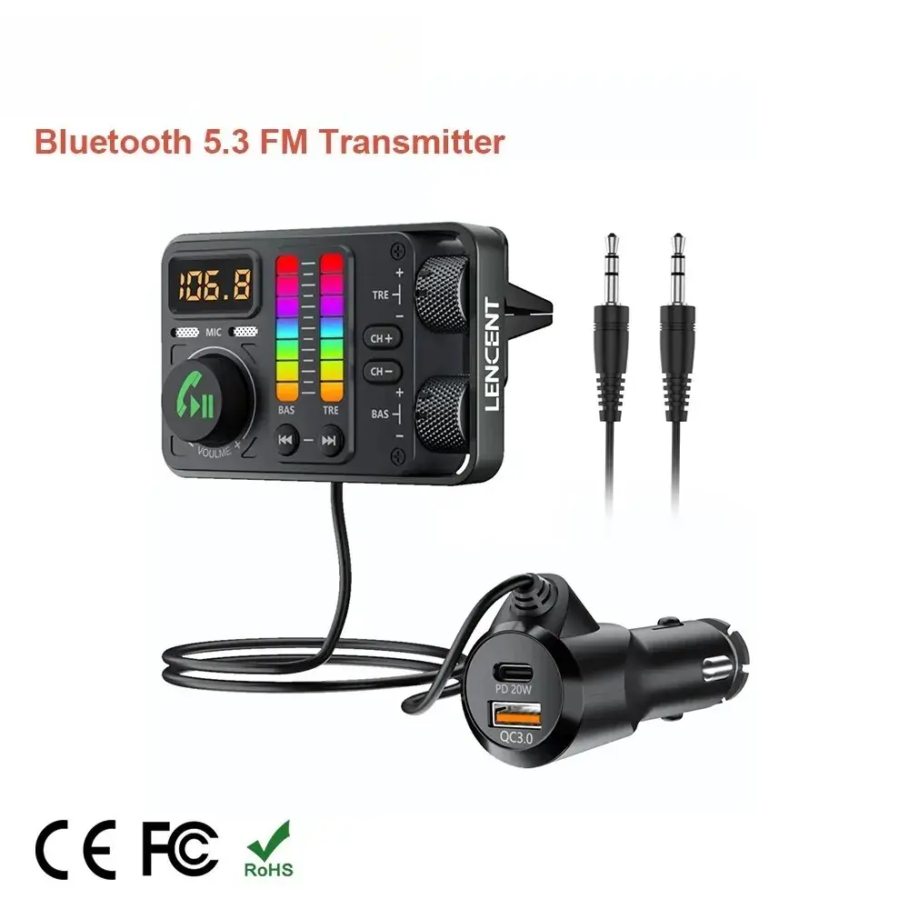 Bluetooth 5.3 Car FM Transmitter, Hi-Fi Treble & Bass Music Player, PD20W QC18W Fast Car Charger, Radio Bluetooth Car Ad