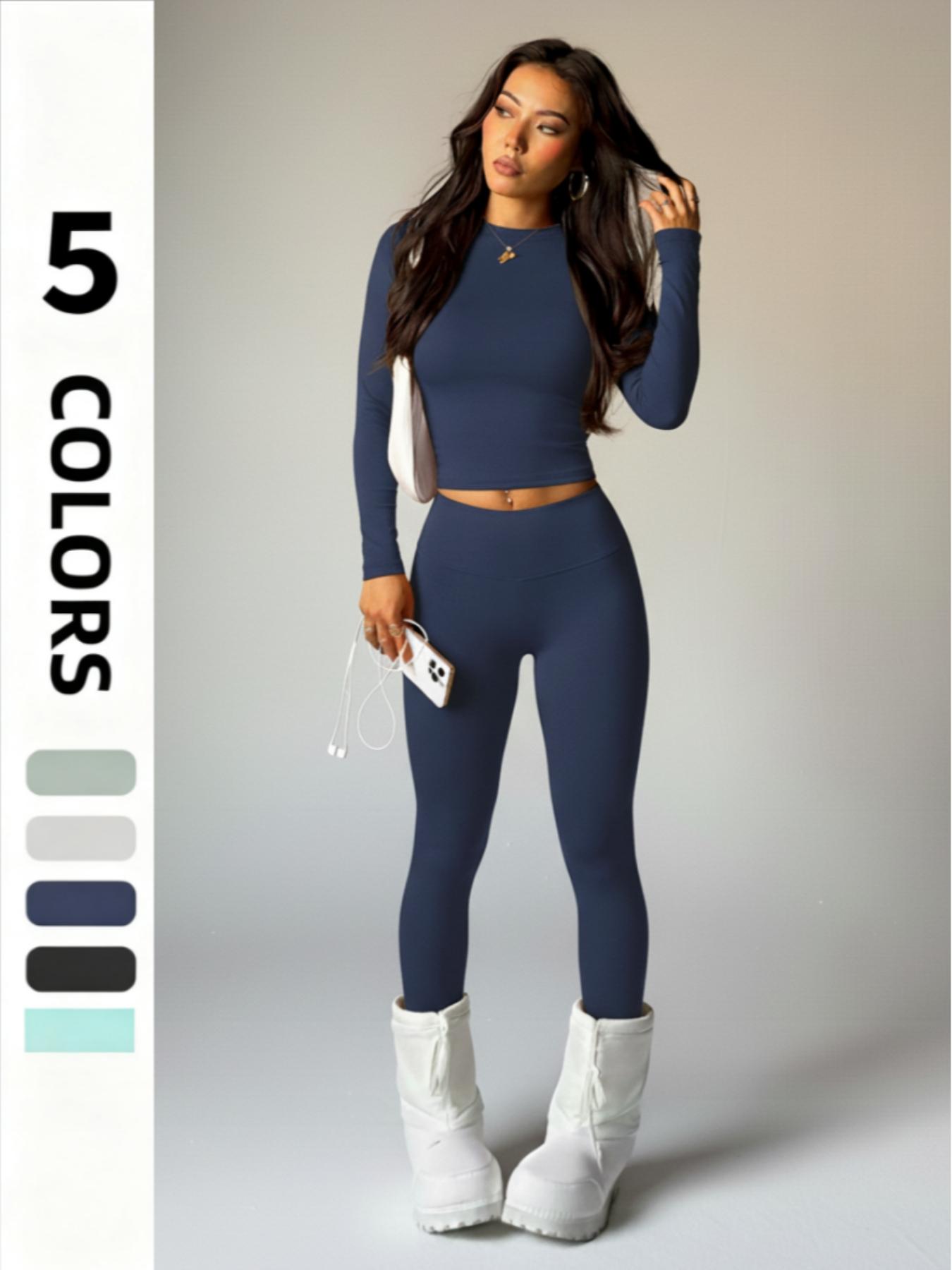 Women's Sporty Two-Piece Set, Round Neck Long Sleeve Top & High Waist Tight-Fit Pants, Breathable Comfortable Yoga Gym Wear, Breathable Activewear, Athleisure Wear Set, Athletic Style Activewear