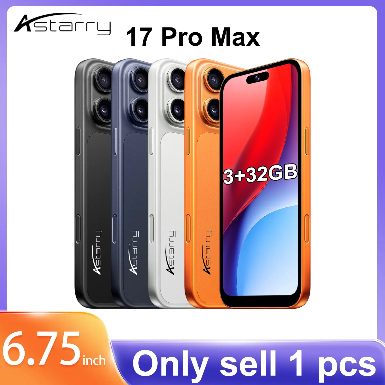 Astarry 17 Pro Max smart phone, Android Cell Phone, Android mobile phone, 3GB+32GB memory, Android 12, 4G network, dual card dual standby, Bluetooth WiFi GPS, MTK6762 processor, 5+13MP pixels, 4100mAh battery, fingerprint face recognition
