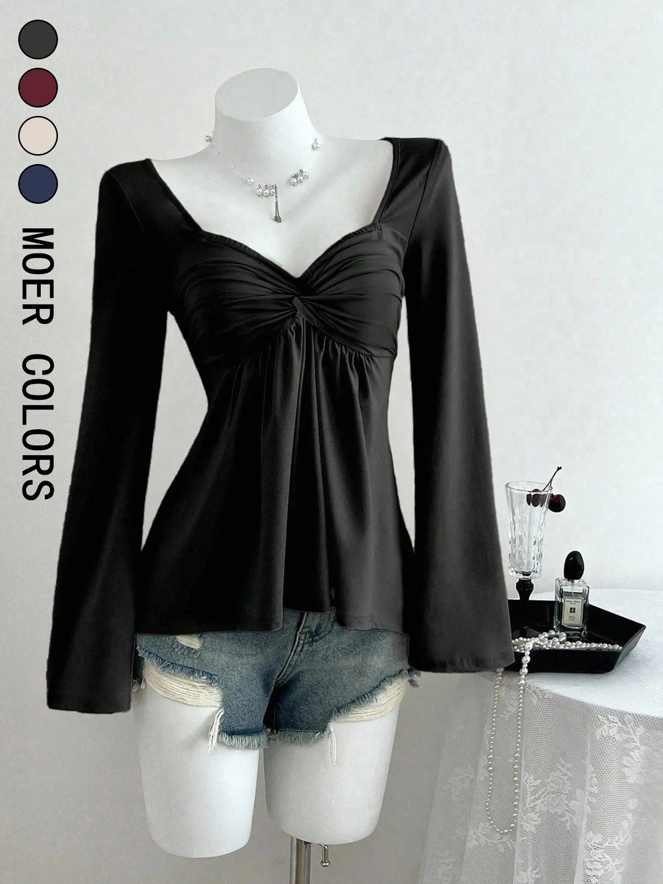 Y2K Retro Heart Neck Knot Top, Flared Long Sleeve Slim Fit Elegant Shirt, Casual All-Season Fashion Wear