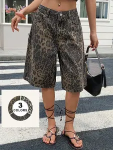 Women's High-Waisted Leopard Print Jeans, Streetwear Cool Personality Design, Fashion Versatile Casual Mid-Length Pants