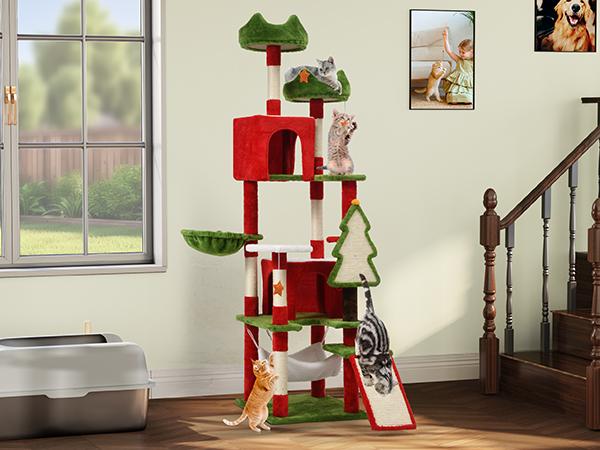 Yitahome Tall Cat Tree Tower for Indoor Cats, 75in Multi-Level Cat Climbing Tower with Cat Condos, Top Perches, Hammock, Sisal Scratching Posts and Board, Kittens Play Activity Center, Christmas Decor