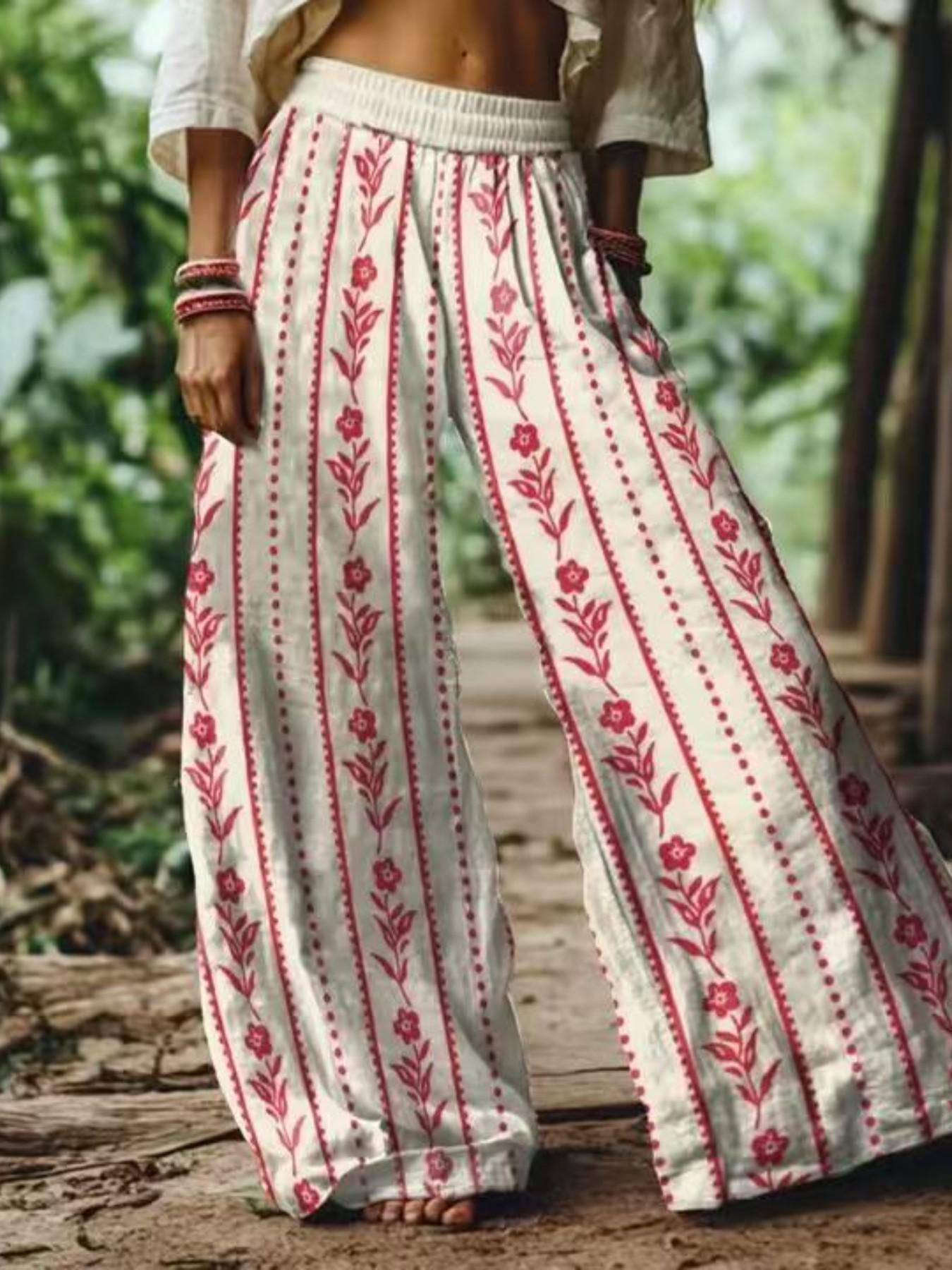 Women's Casual Bohemian Style Boho Floral Print Wide-Leg Loose Baggy Pants, Comfortable & Breathable Elastic Fabric, Ideal for Vacation, Home and Daily Wear, Suitable for Spring, Summer and Fall