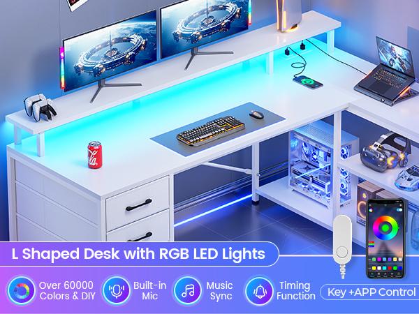 SEDETA 47.2 Inch L Shaped Desk with 4 Drawers and Storage Shelves L Shaped Gaming Desk with LED Lights Power Outlets