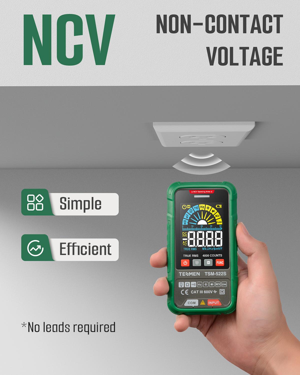 TESMEN TSM-522S Smart Digital Multimeter, 4000 Counts, Auto-Ranging Voltmeter, Non-Contact Voltage test, Measure AC/DC Voltage, Resistance, Capacitance, Frequency, Live Wire, Diode Test, Continuity