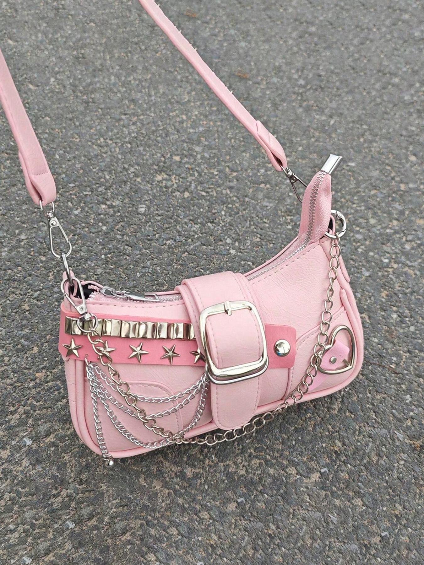 Vintage Y2K Style Women's Shoulder Bag, Crossbody Chain Bag, Star Chain Design, Detachable Strap, Zip Closure, Casual Handbag for All Seasons