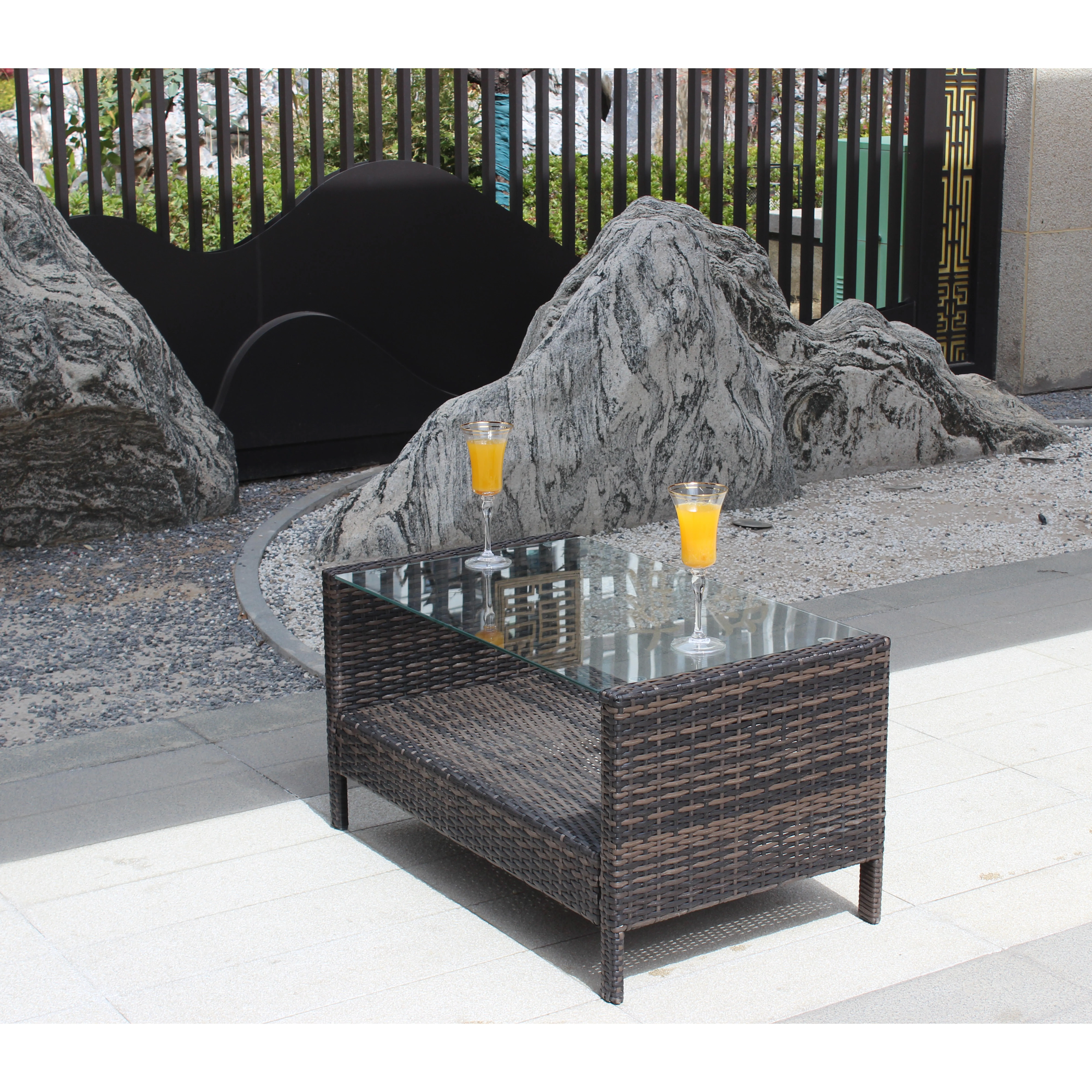 Nokaa Outdoor Coffee Table with Clear Tempered Glass Top, 34.6" x 20.5" x 17.7" Rectangle Table for Patio, Garden, Balcony, Living Room, Easy Assembly, Iron Frame, Brown
