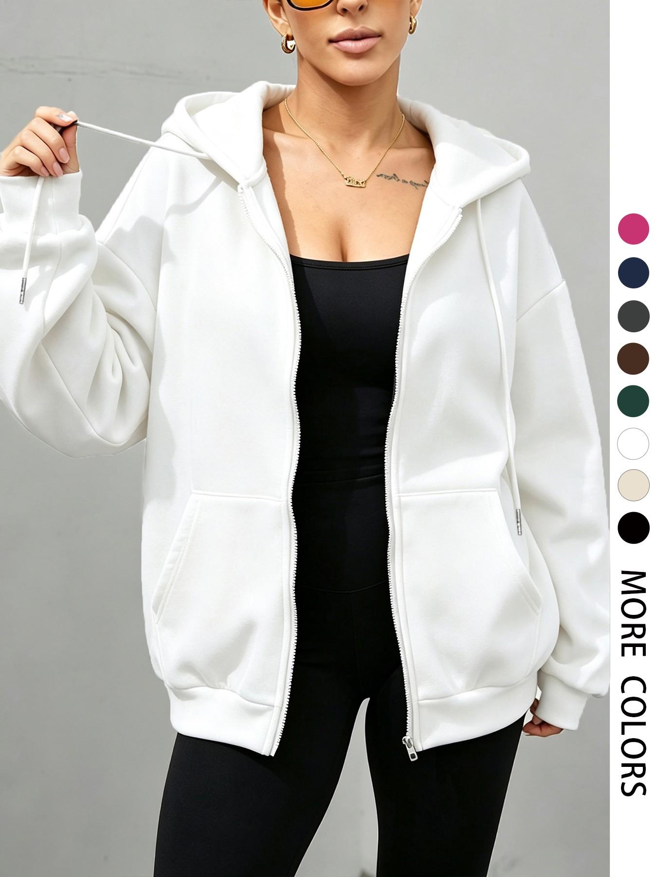 Women's Zipper Drawstring Hoodie, Long Sleeve Pocket Detail, Loose-Fit Casual Sweatshirt for Fall & Winter, Outdoor & Daily Wear